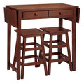 3 Piece Handcrafted Kitchen Island Breakfast Table Set, 2 Drawers, Rubberwood, Stools, Walnut Brown Brown Solid Wood