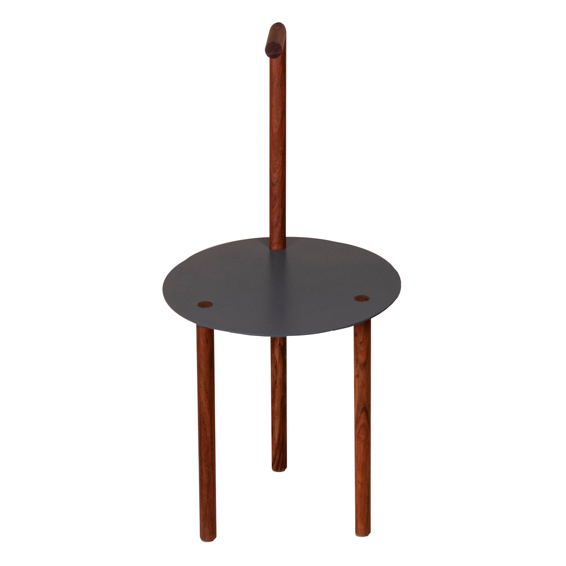 29 Inch Round Metal Top End Table With Inbuilt Wooden Pole, Brown And Black Brown Solid Wood
