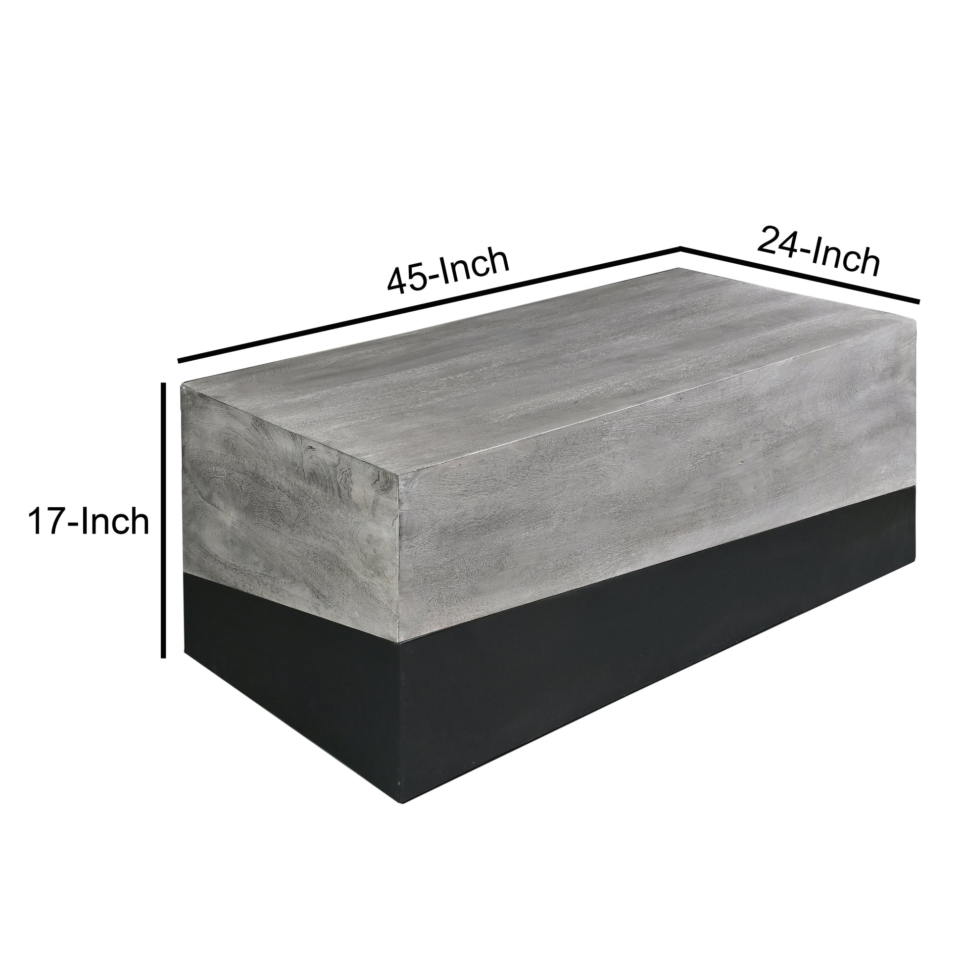 45 Inch Rectangular Mango Wood Coffee Table, Iron Base, Washed White And Black Gray Solid Wood