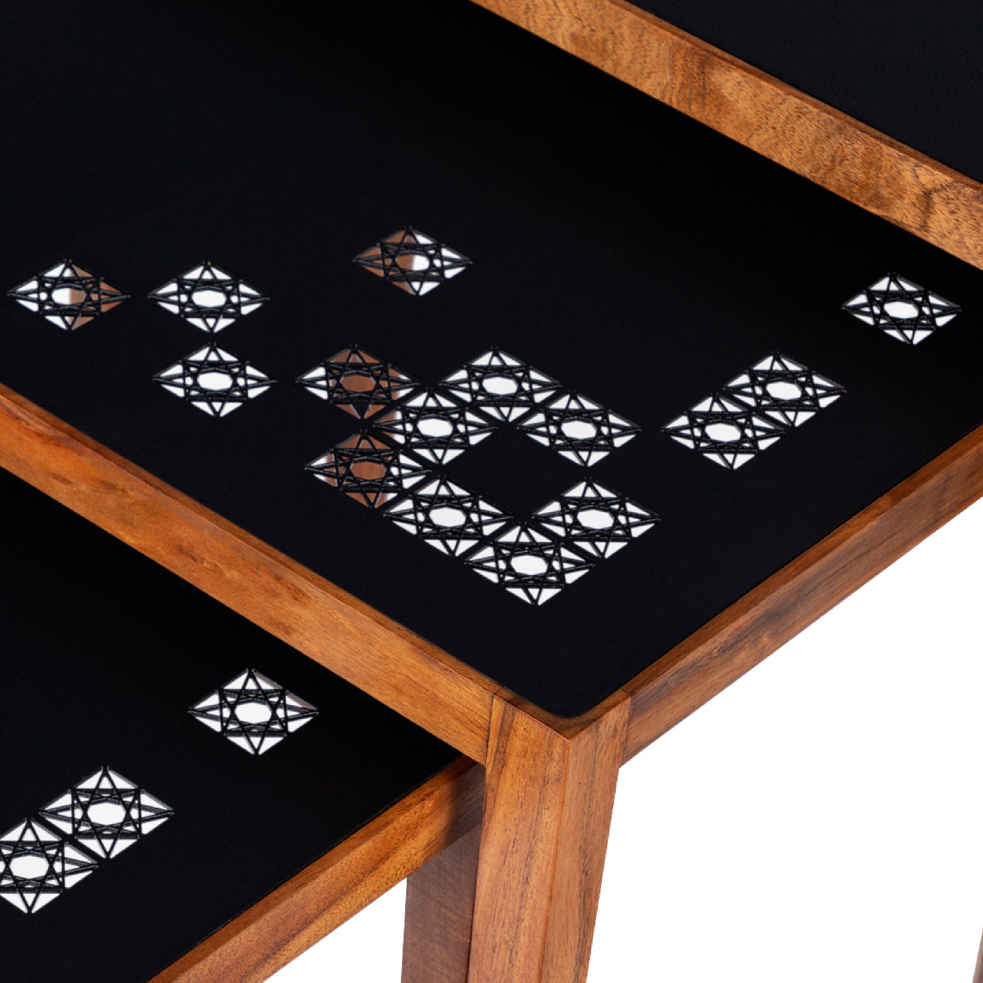 Alba 22 Inch 3 Piece Nesting Table Set, Laser Cut Metal, Black, Brown Black Solid Wood