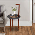 29 Inch Round Metal Top End Table With Inbuilt Wooden Pole, Brown And Black Brown Solid Wood