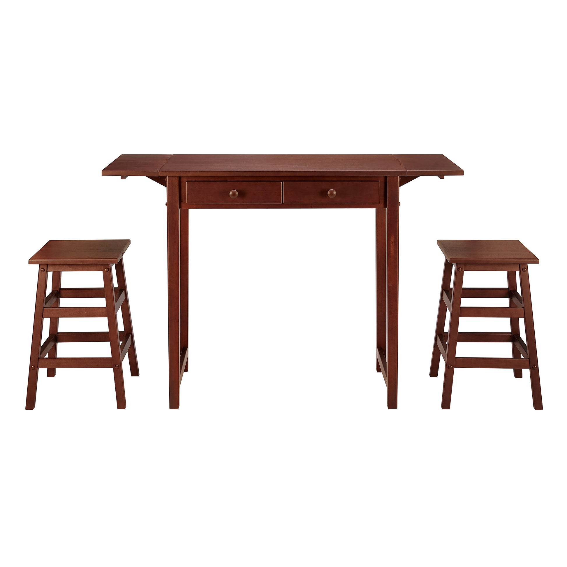 3 Piece Handcrafted Kitchen Island Breakfast Table Set, 2 Drawers, Rubberwood, Stools, Walnut Brown Brown Solid Wood