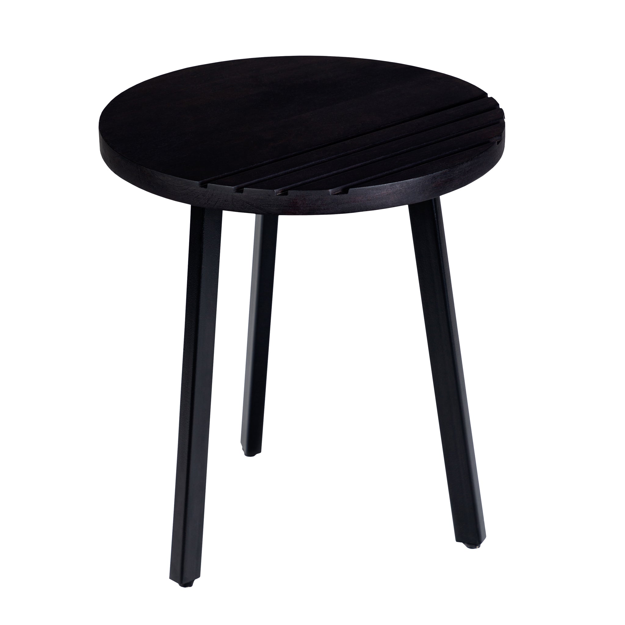 18 Inch Round Mango Wood Side End Table, Grooved Design, Metal Legs, Black Black Solid Wood