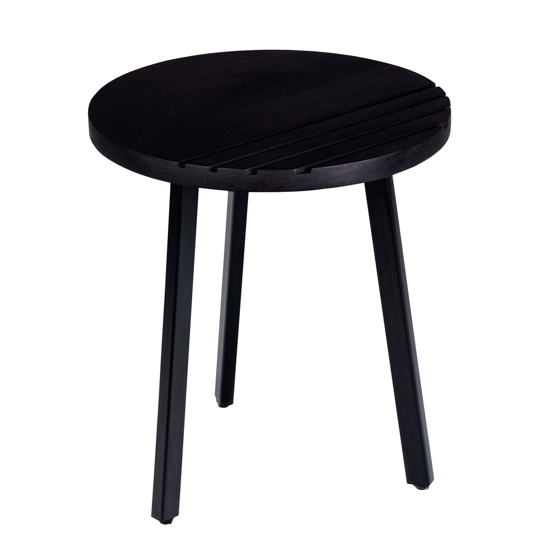 18 Inch Round Mango Wood Side End Table, Grooved Design, Metal Legs, Black Black Solid Wood