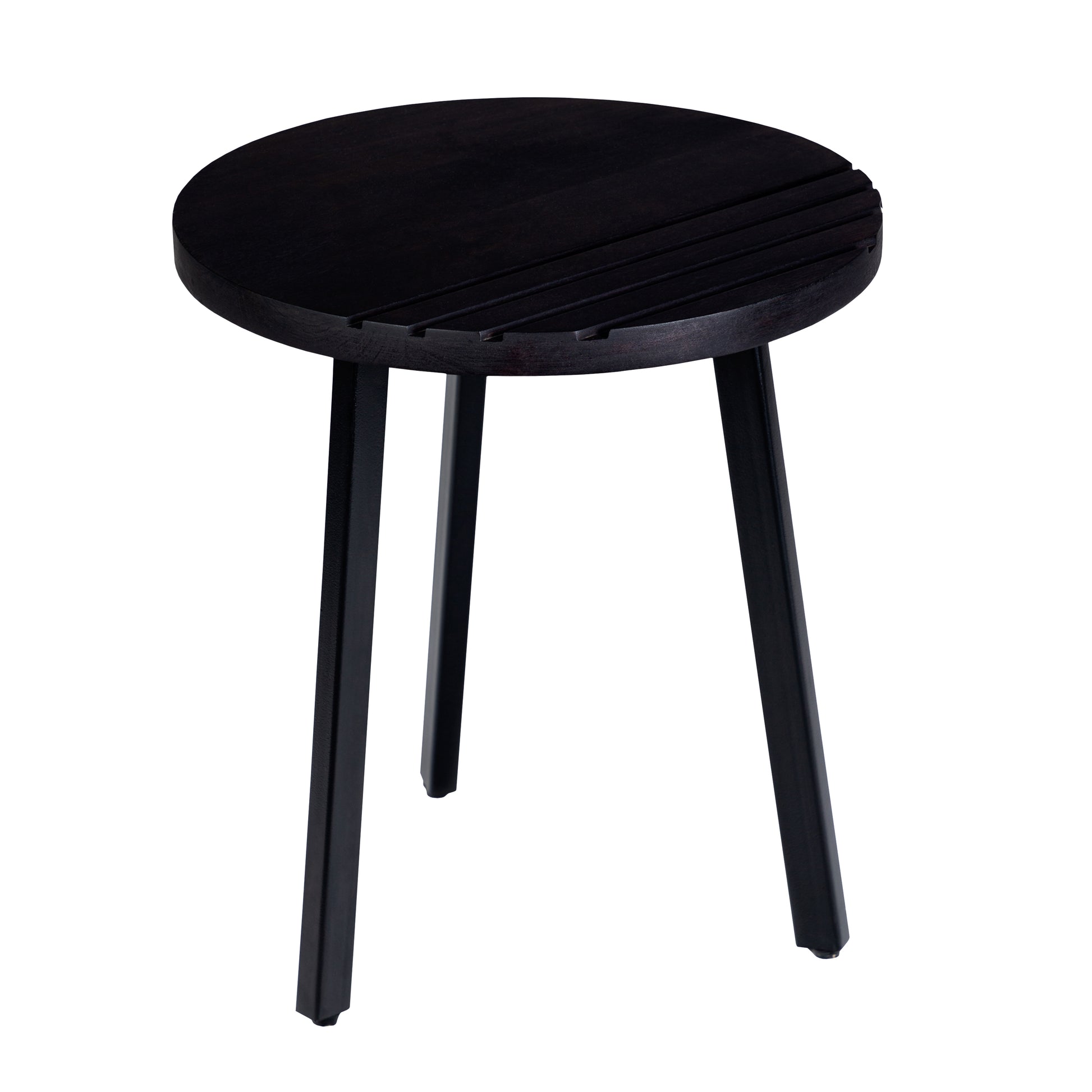 18 Inch Round Mango Wood Side End Table, Grooved Design, Metal Legs, Black Black Solid Wood
