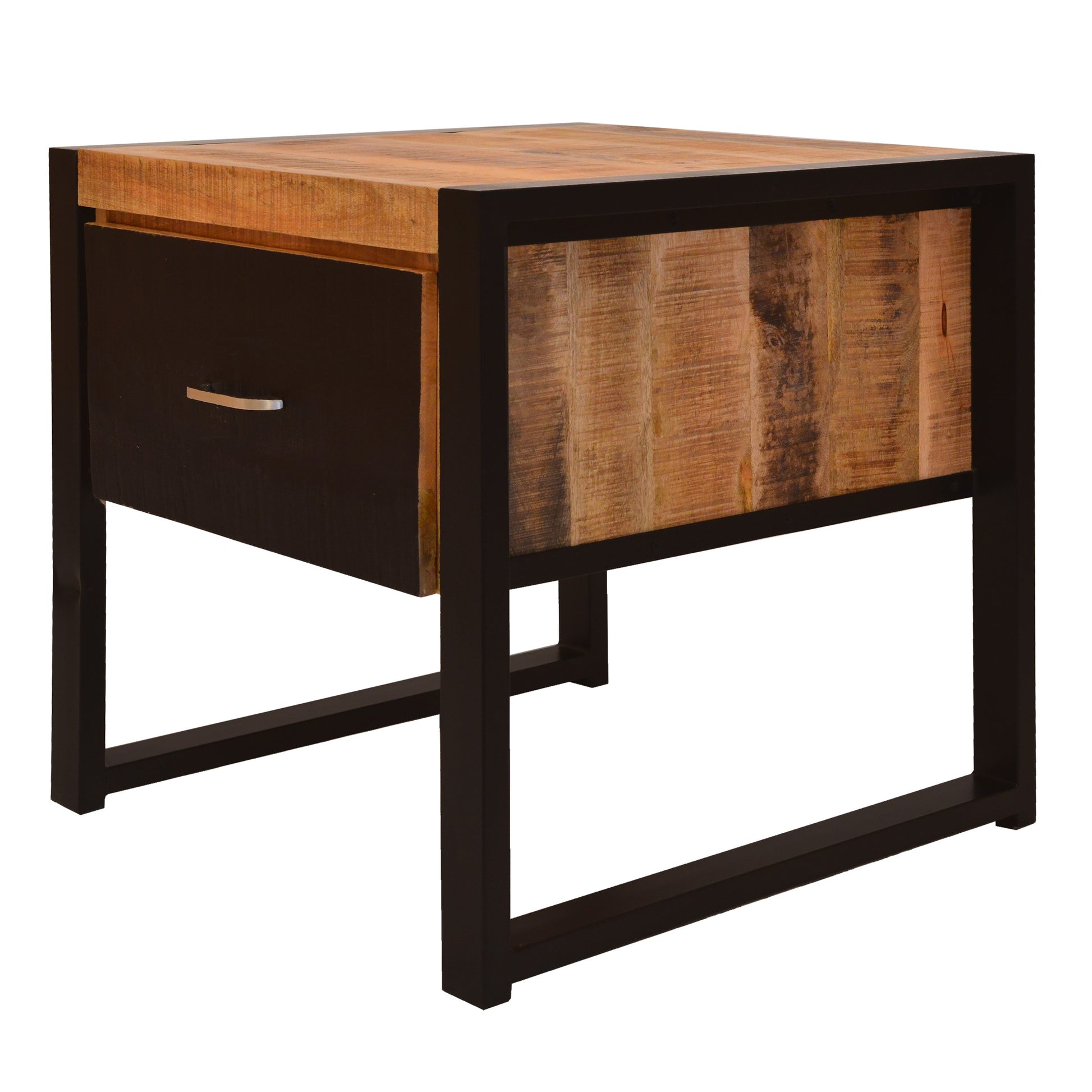 24 Inch Single Drawer Mango Wood Bedside Table, Iron Sled Style Base, Brown, Black Brown Solid Wood
