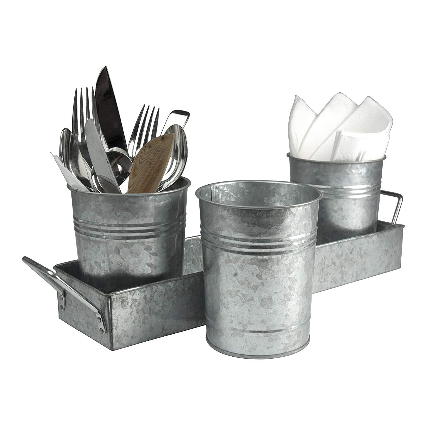 Galvanized Set Of Three Planters With Tray, Gray Gray Metal
