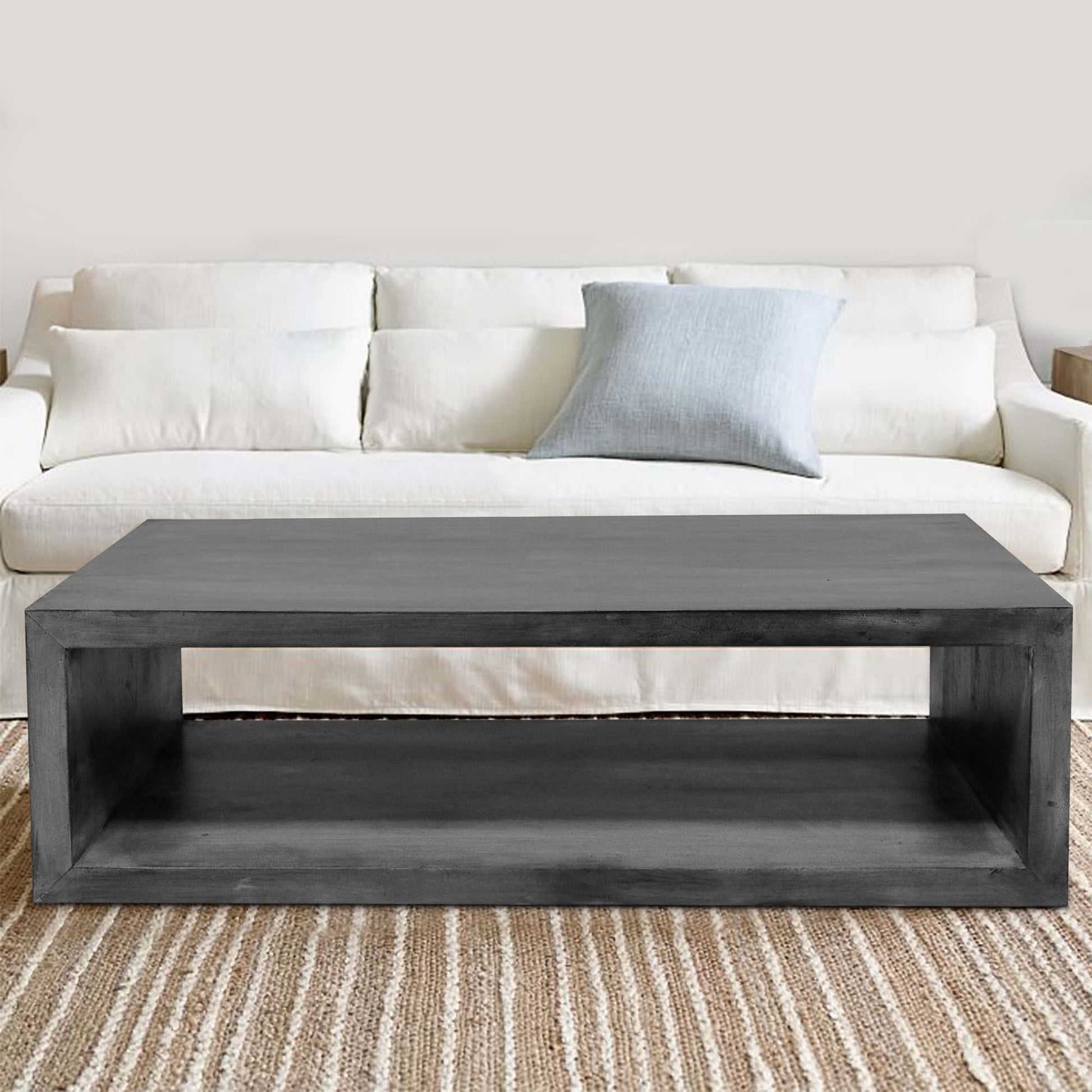 58" Cube Shape Wooden Coffee Table With Open Bottom Shelf, Charcoal Gray Gray Solid Wood