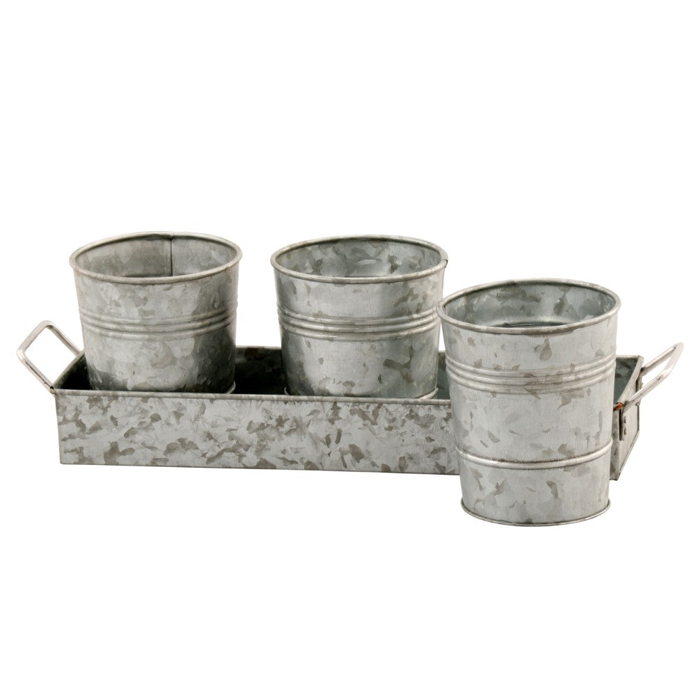 Galvanized Set Of Three Planters With Tray, Gray Gray Metal