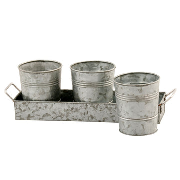 Galvanized Set Of Three Planters With Tray, Gray Gray Metal