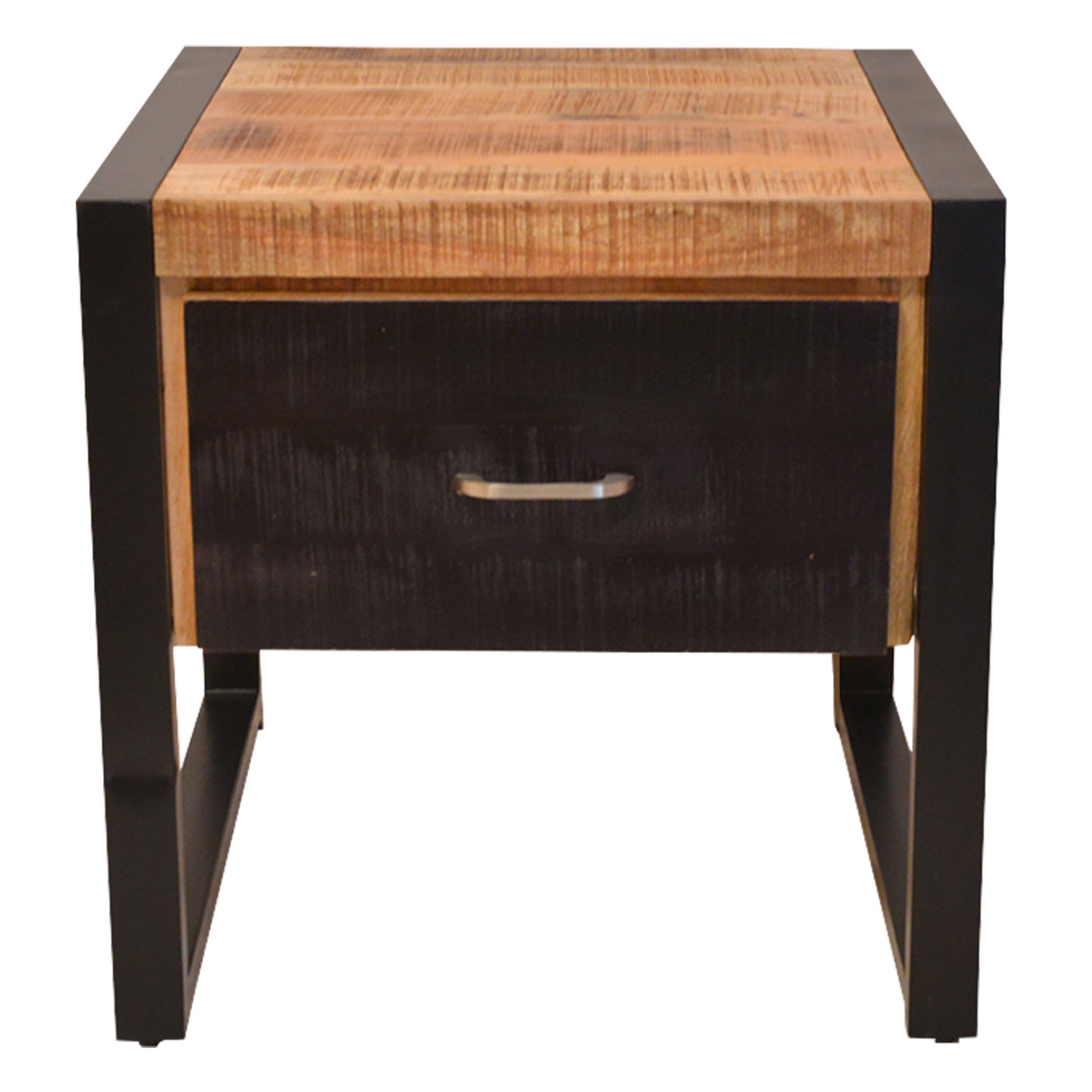 24 Inch Single Drawer Mango Wood Bedside Table, Iron Sled Style Base, Brown, Black Brown Solid Wood