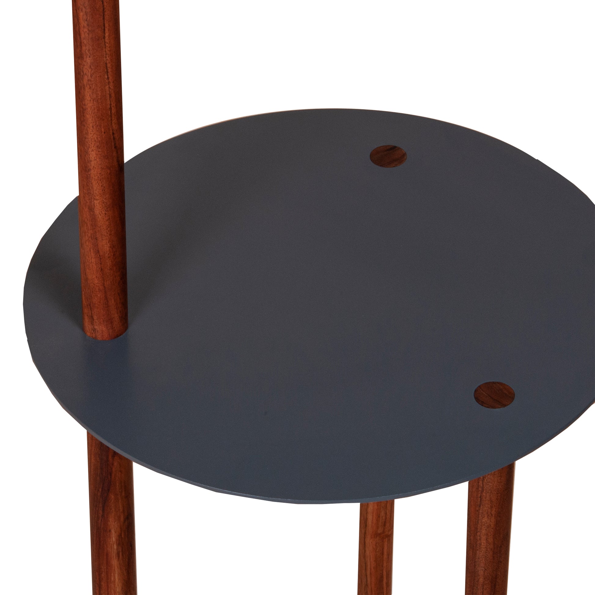29 Inch Round Metal Top End Table With Inbuilt Wooden Pole, Brown And Black Brown Solid Wood