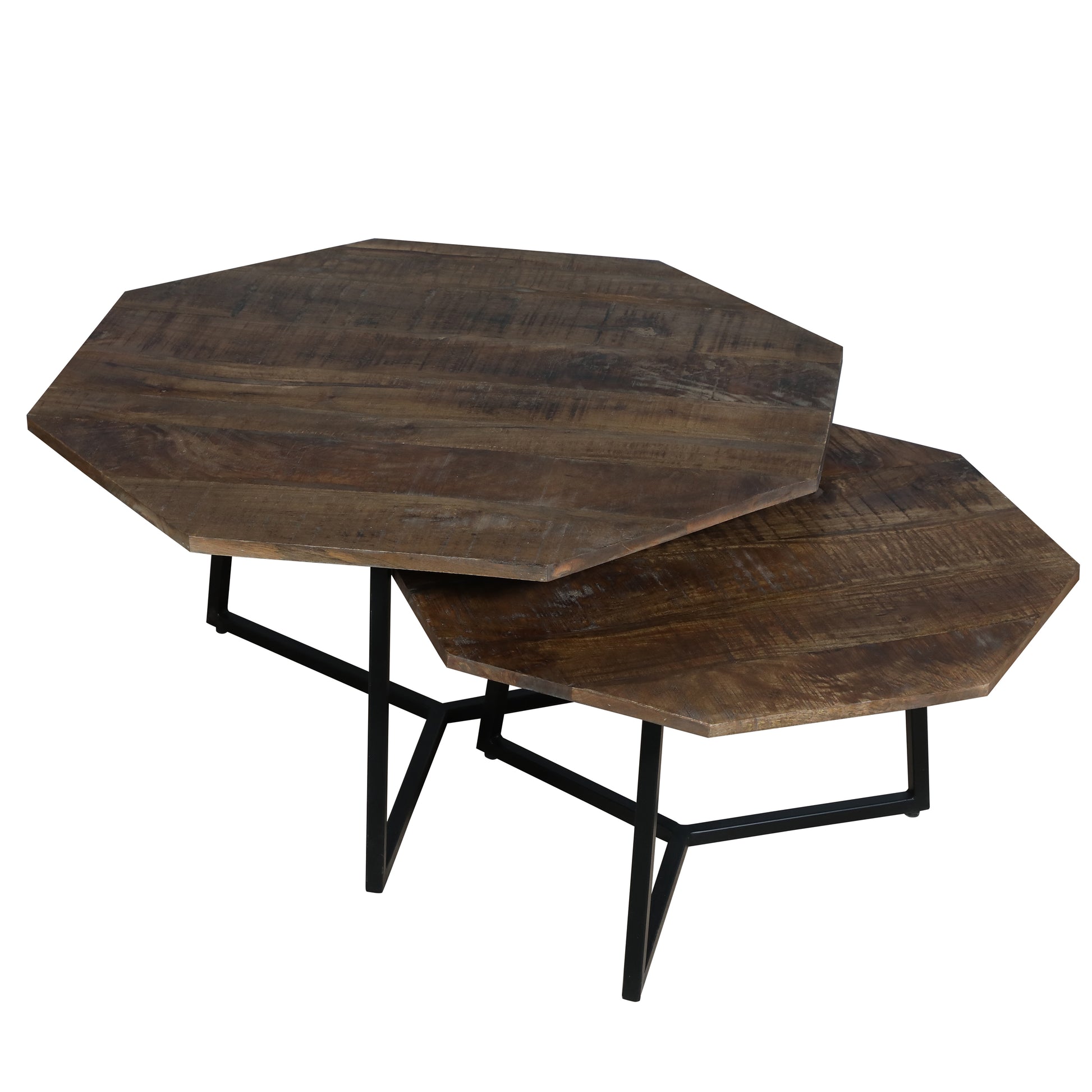 35, 28 Inch 2 Piece Nesting Coffee Table Set, Octagon Top, Mango Wood, Brown And Black Brown Solid Wood