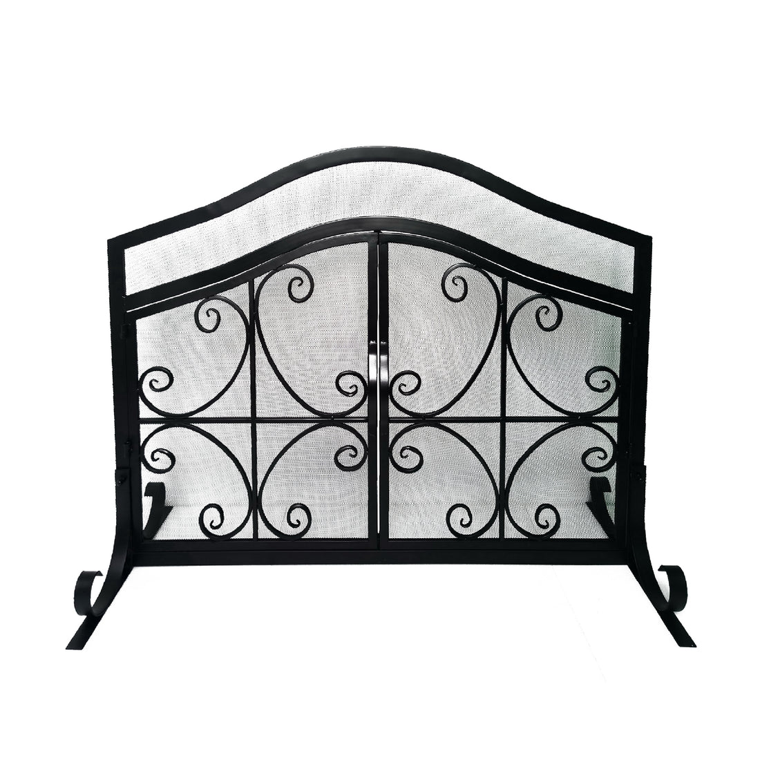 43 Inches 2 Door Iron Fireplace Screen, Mesh Design, Scrollwork, Black Black Iron