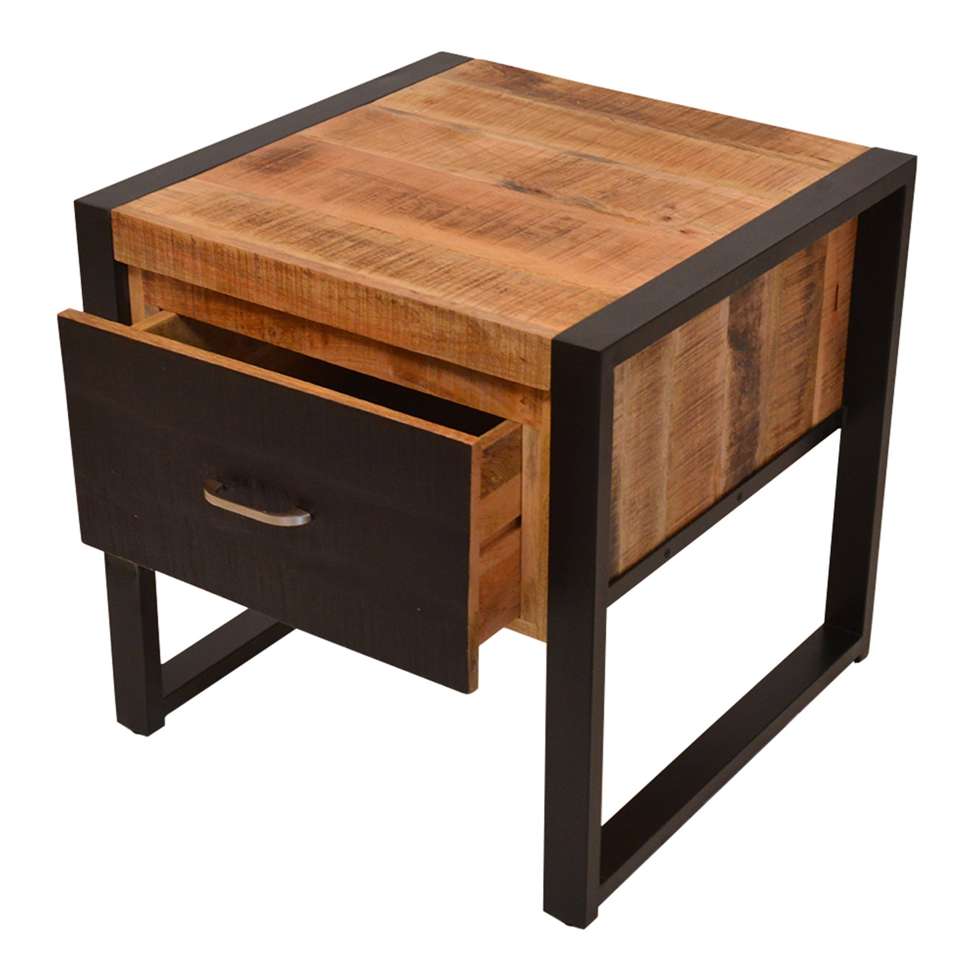 24 Inch Single Drawer Mango Wood Bedside Table, Iron Sled Style Base, Brown, Black Brown Solid Wood