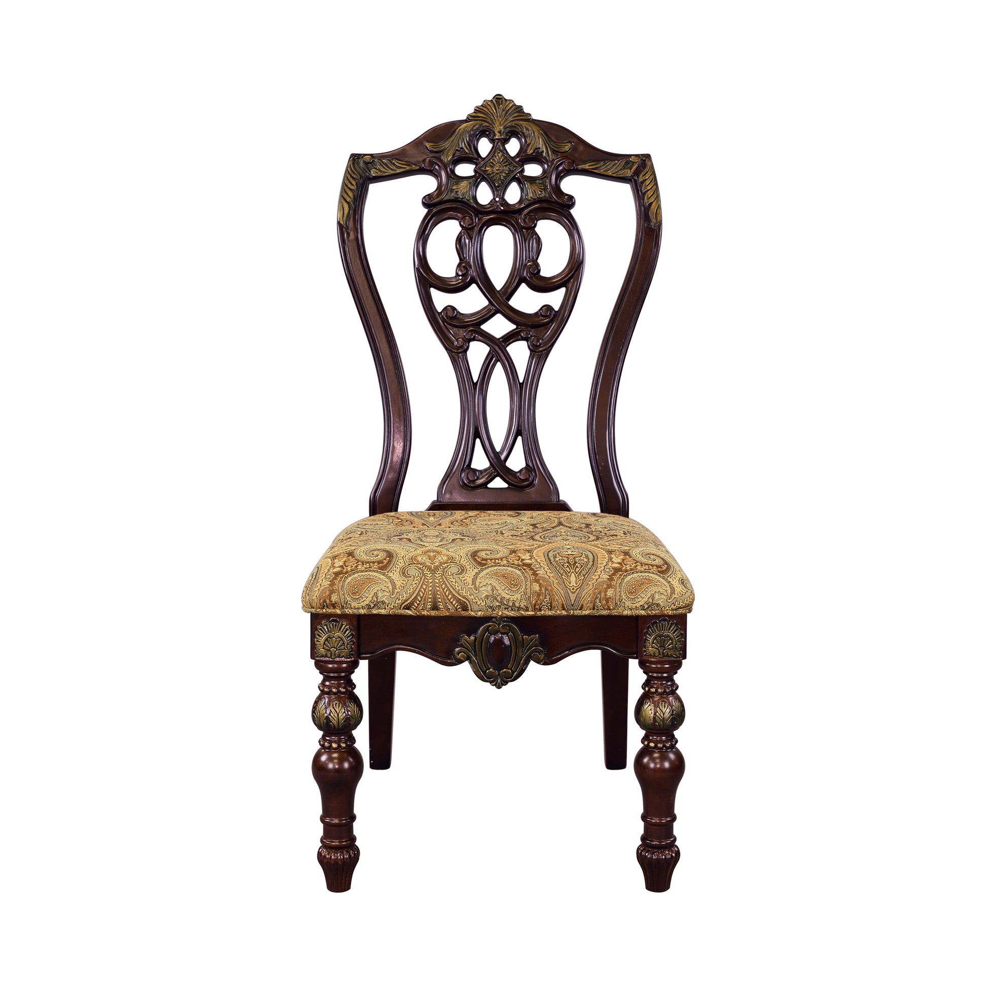 Formal Traditional Dining Chairs 2Pc Set Dark Cherry Finish With Gold Tipping Jacquard Fabric Upholstered Extravagant Carving Dining Room Furniture Cherry Dining Room European,Traditional Side Chair Wood