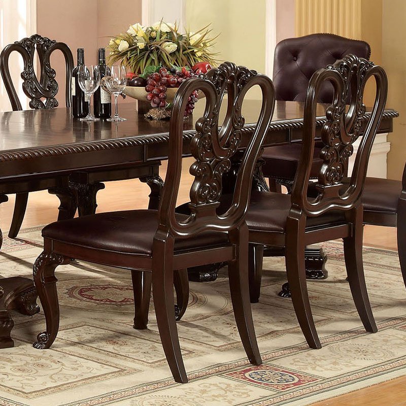 Traditional Intricate Back Design Set Of 2 Side Chairs Brown Cherry Solid Wood Chair Paddedseat Kitchen Dining Room Furniture Dark Brown Brown Dining Room Luxury,Traditional Dining Chairs Rubberwood Solid Wood