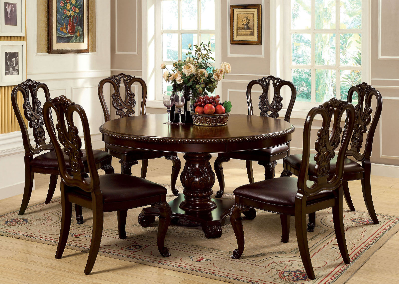 Traditional Intricate Back Design Set Of 2 Side Chairs Brown Cherry Solid Wood Chair Paddedseat Kitchen Dining Room Furniture Dark Brown Brown Dining Room Luxury,Traditional Dining Chairs Rubberwood Solid Wood