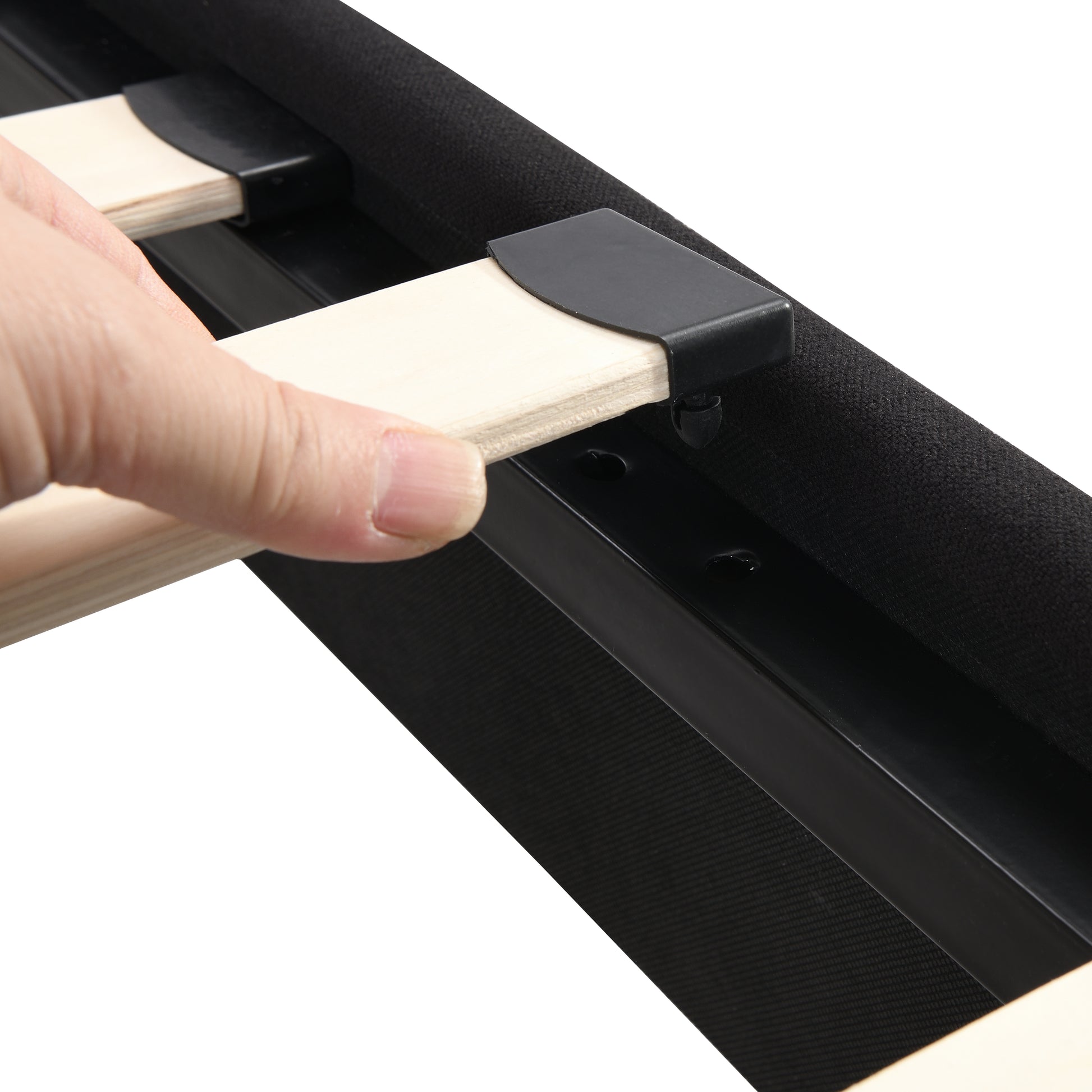 King Size Upholstered Platform Bed Frame With Linen Fabric Headboard, No Box Spring Needed, Wood Slat Support, Easy Assembly, Black Black Fabric