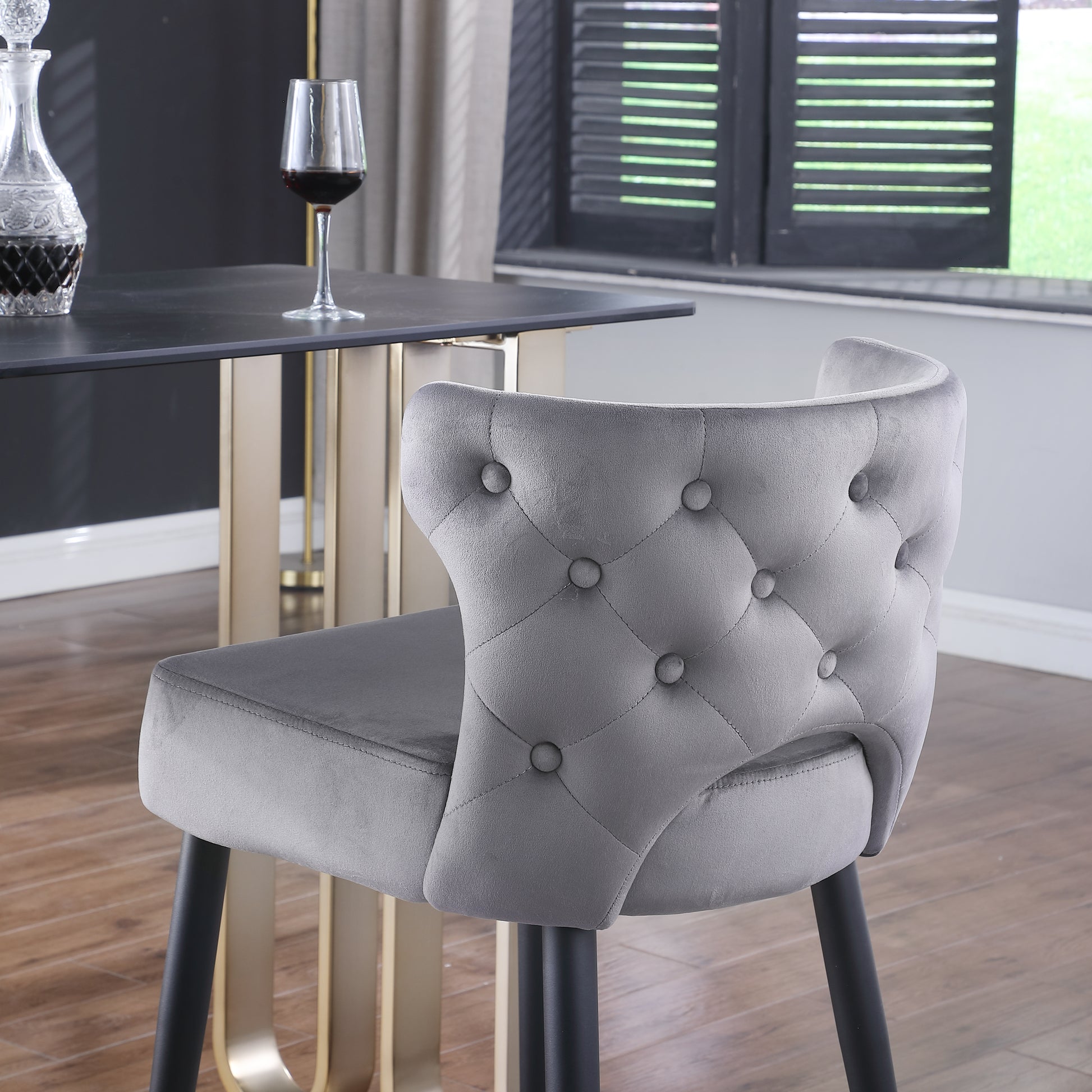 Contemporary Velvet Upholstered Counter Height Stool With Gold Tipped, Black Metal Legs, 22" W X 19" D X 38.5" H, Gray Gray Foam Metal