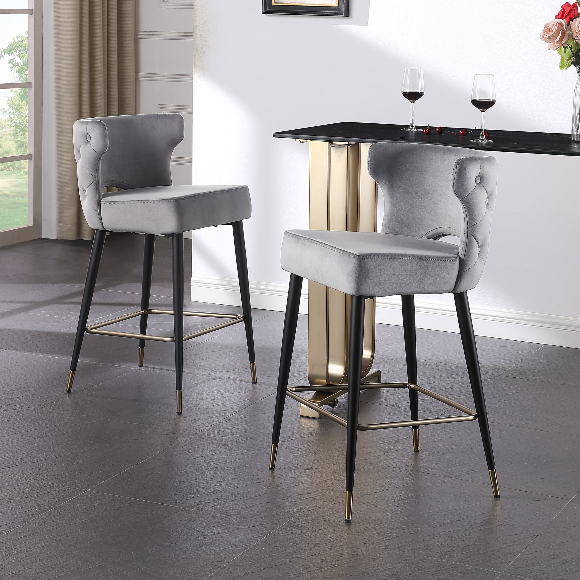 Contemporary Velvet Upholstered Counter Height Stool With Gold Tipped, Black Metal Legs, 22" W X 19" D X 38.5" H, Gray Gray Foam Metal