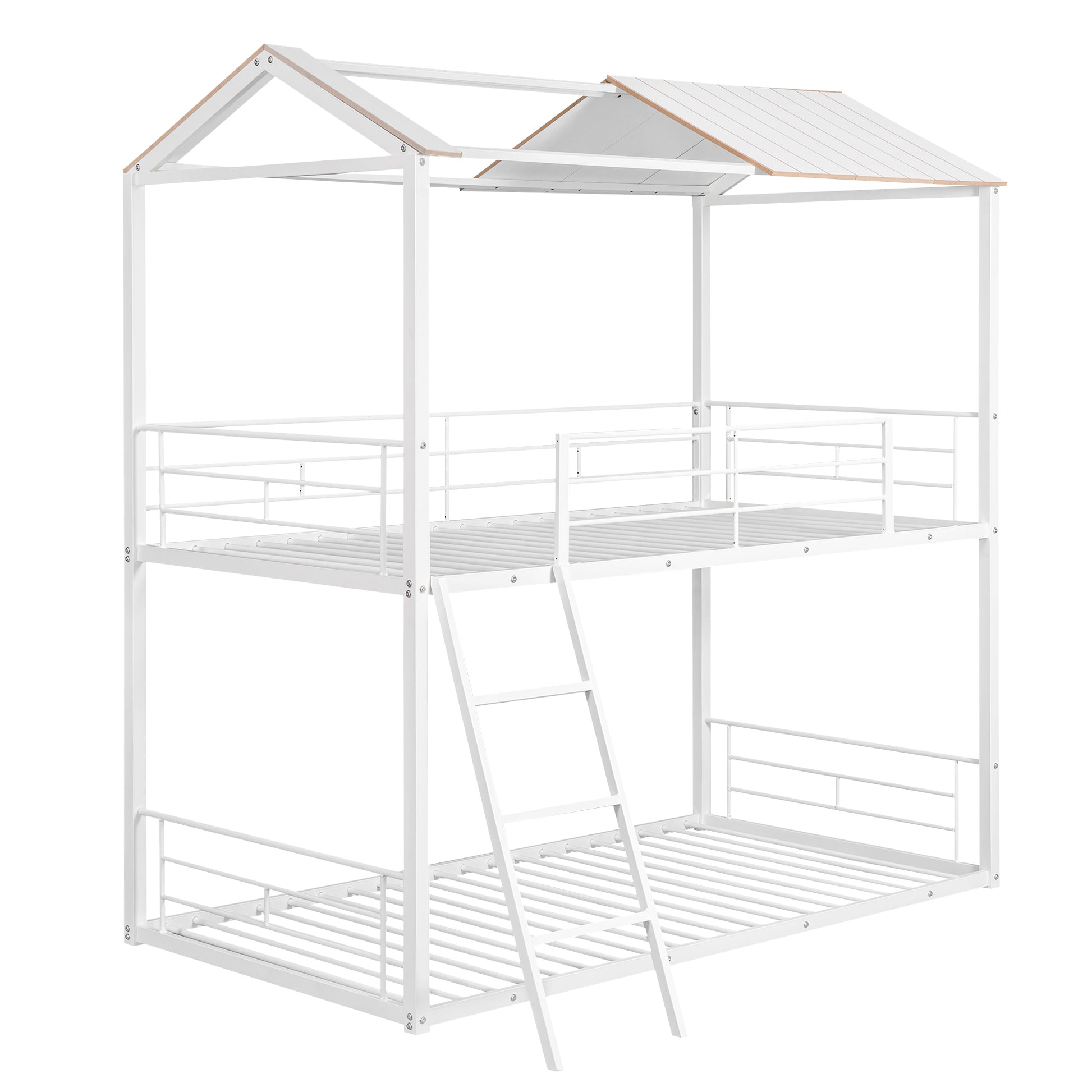 Twin Over Twin Bunk Bed Metal Bed With Half Roof, Guardrail And Ladder White White Metal