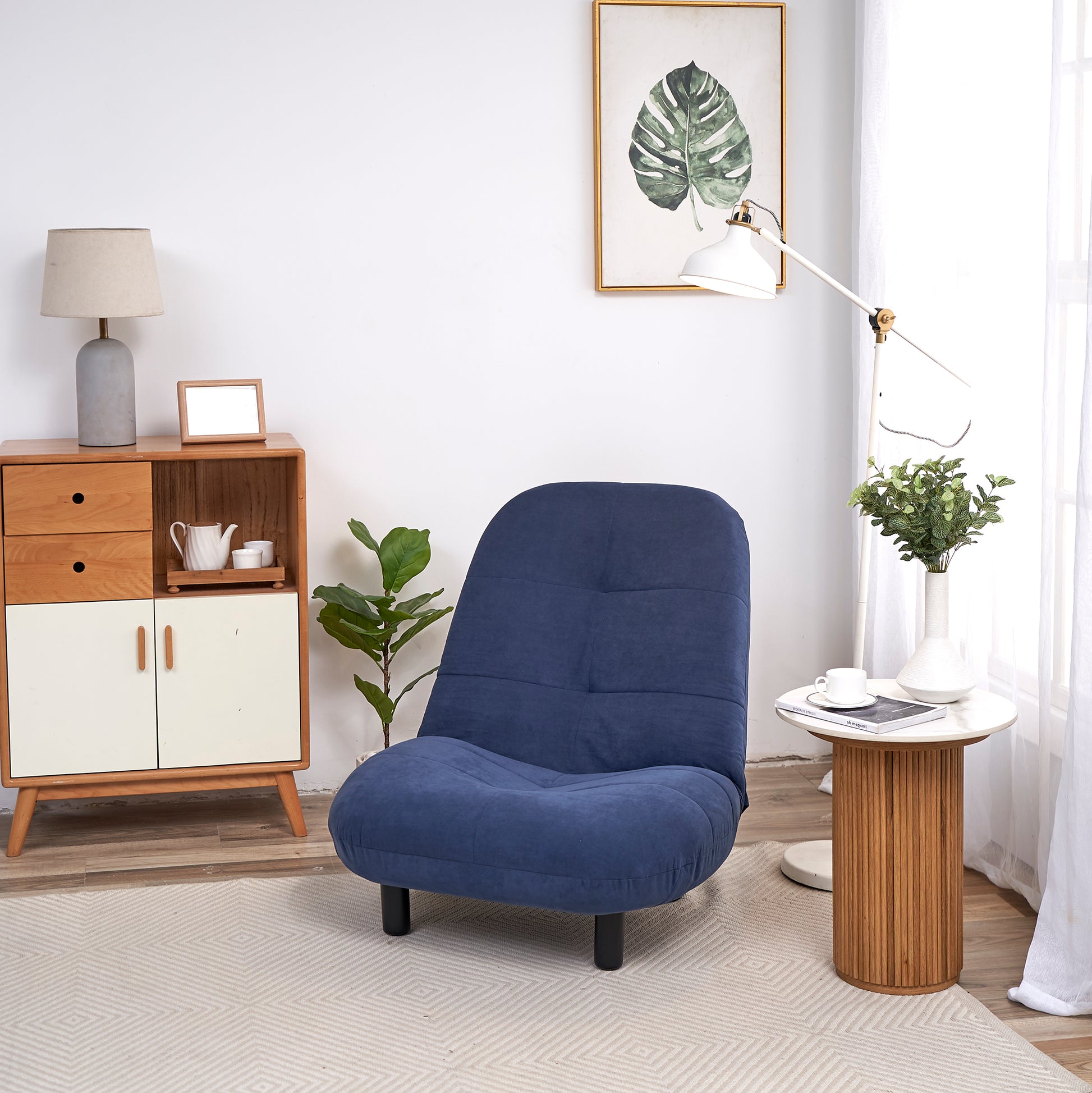 Single Sofa Reclining Chair Japanese Chair Lazy Sofa Tatami Balcony Reclining Chair Leisure Sofa Adjustable Chair Navy Blue Cotton Metal