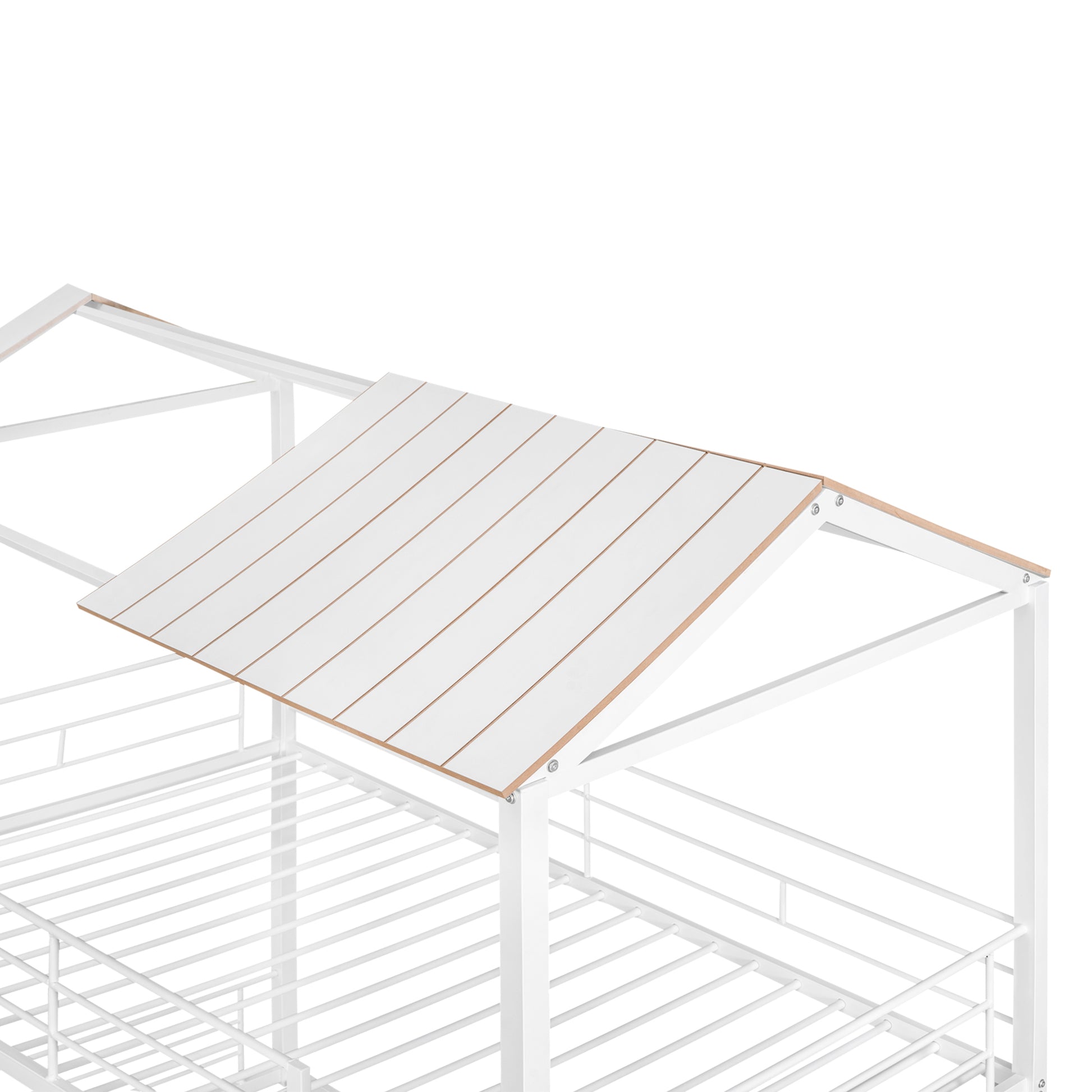 Twin Over Twin Bunk Bed Metal Bed With Half Roof, Guardrail And Ladder White White Metal