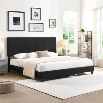 King Size Upholstered Platform Bed Frame With Linen Fabric Headboard, No Box Spring Needed, Wood Slat Support, Easy Assembly, Black Black Fabric