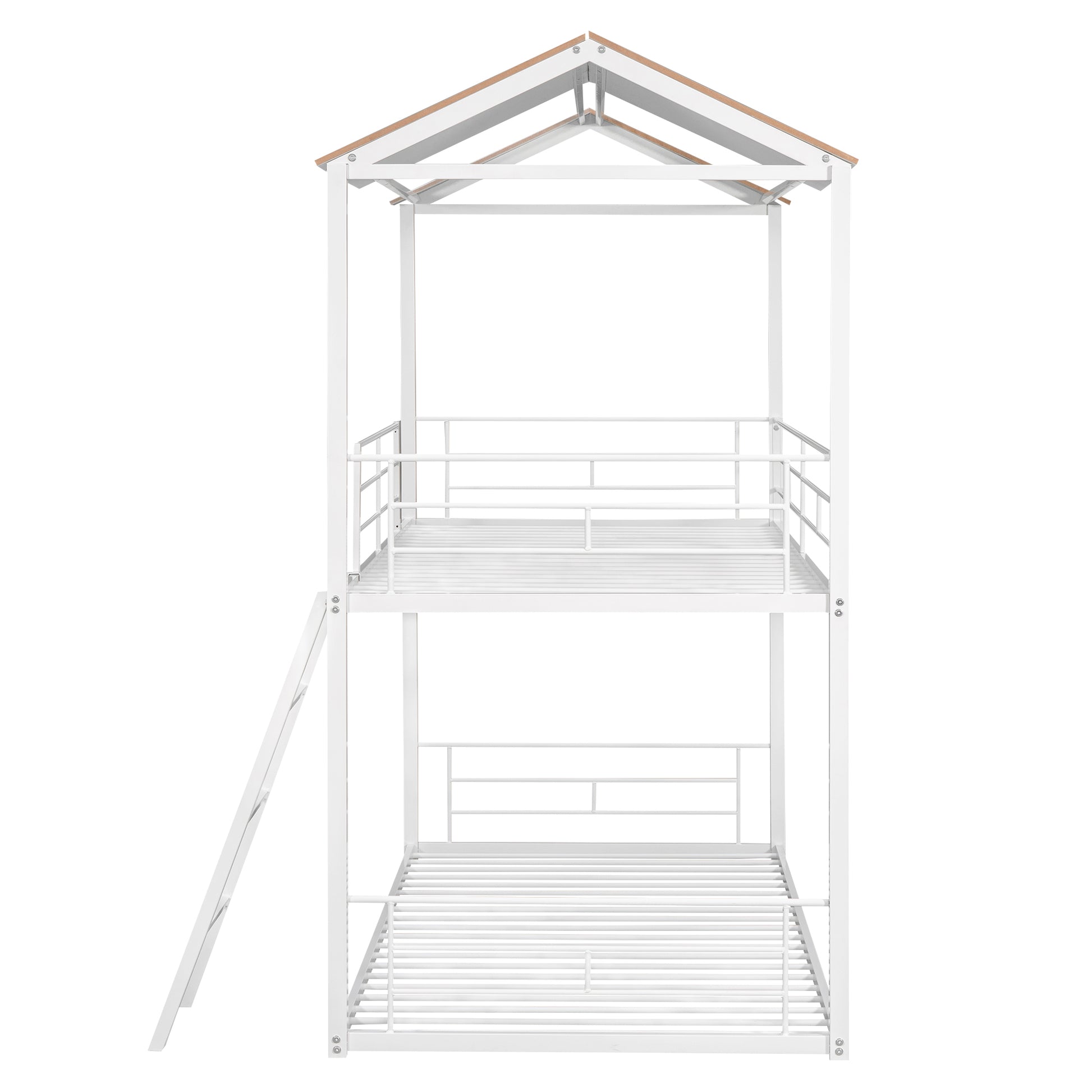 Twin Over Twin Bunk Bed Metal Bed With Half Roof, Guardrail And Ladder White White Metal