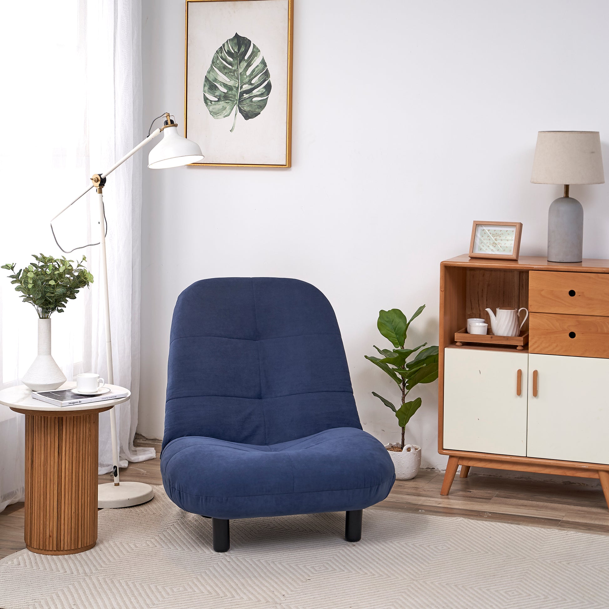 Single Sofa Reclining Chair Japanese Chair Lazy Sofa Tatami Balcony Reclining Chair Leisure Sofa Adjustable Chair Navy Blue Cotton Metal