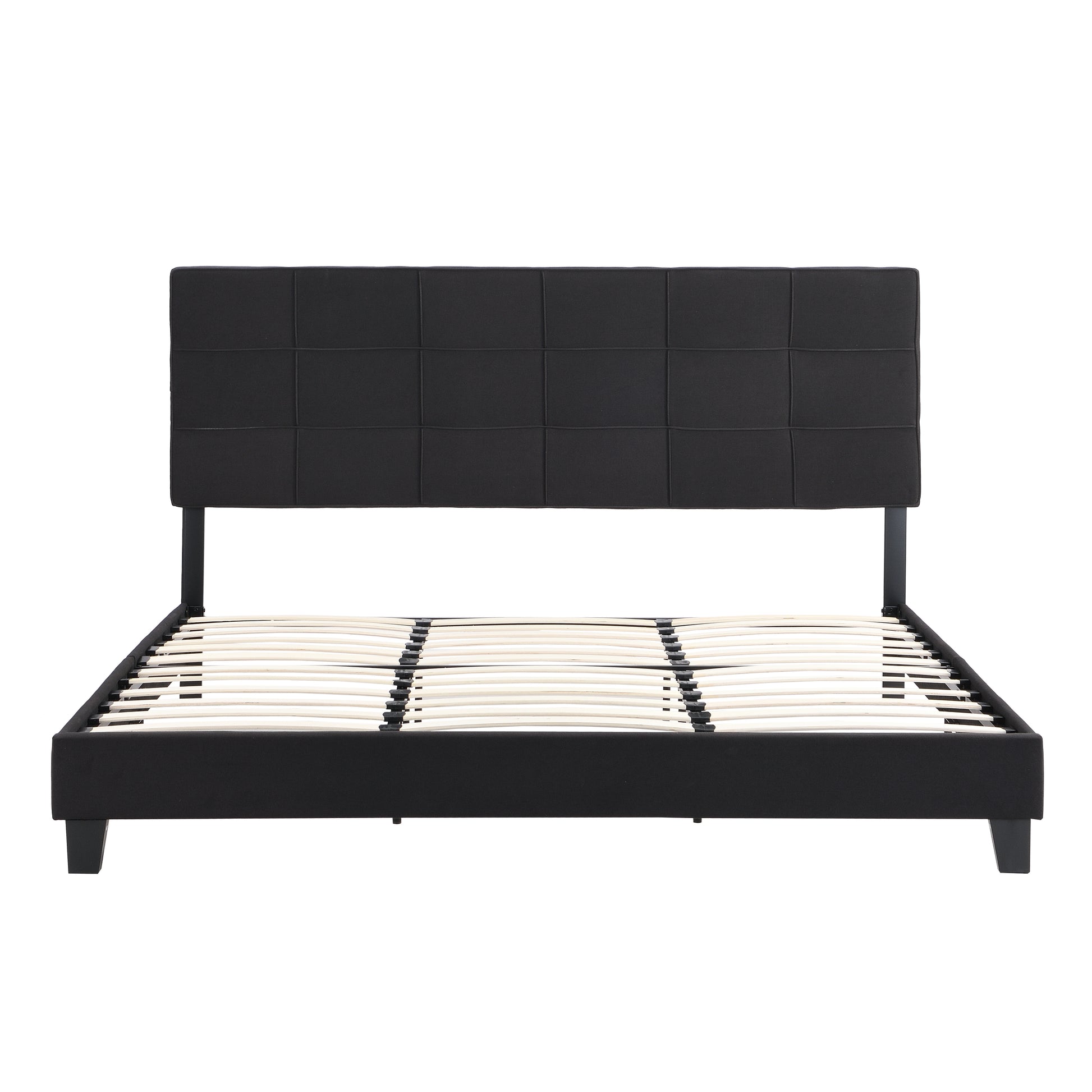 King Size Upholstered Platform Bed Frame With Linen Fabric Headboard, No Box Spring Needed, Wood Slat Support, Easy Assembly, Black Black Fabric