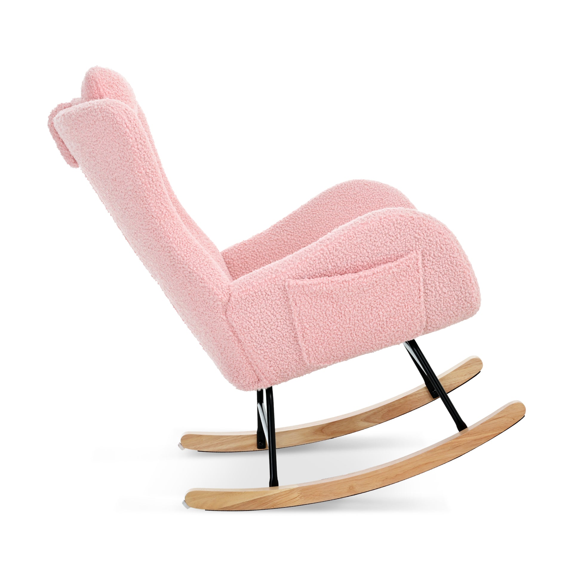 Rocking Chair Nursery, Teddy Upholstered Rocker Glider Chair With High Backrest, Adjustable Headrest & Pocket, Comfy Glider Chair For Nursery, Bedroom, Living Room, Offices, Rubber Wood, Pink Pink Polyester