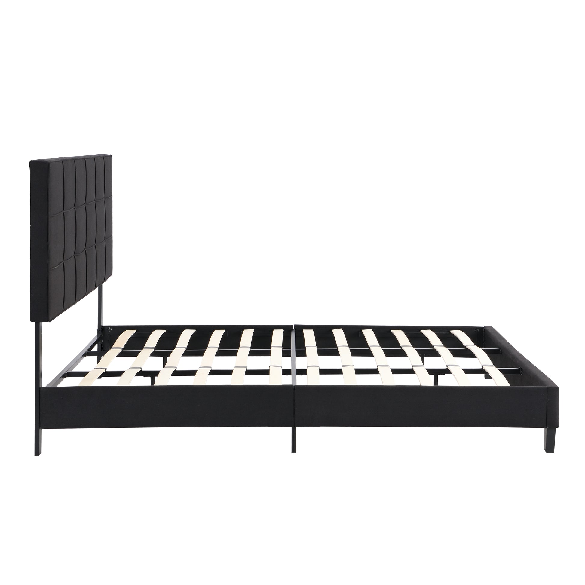 King Size Upholstered Platform Bed Frame With Linen Fabric Headboard, No Box Spring Needed, Wood Slat Support, Easy Assembly, Black Black Fabric