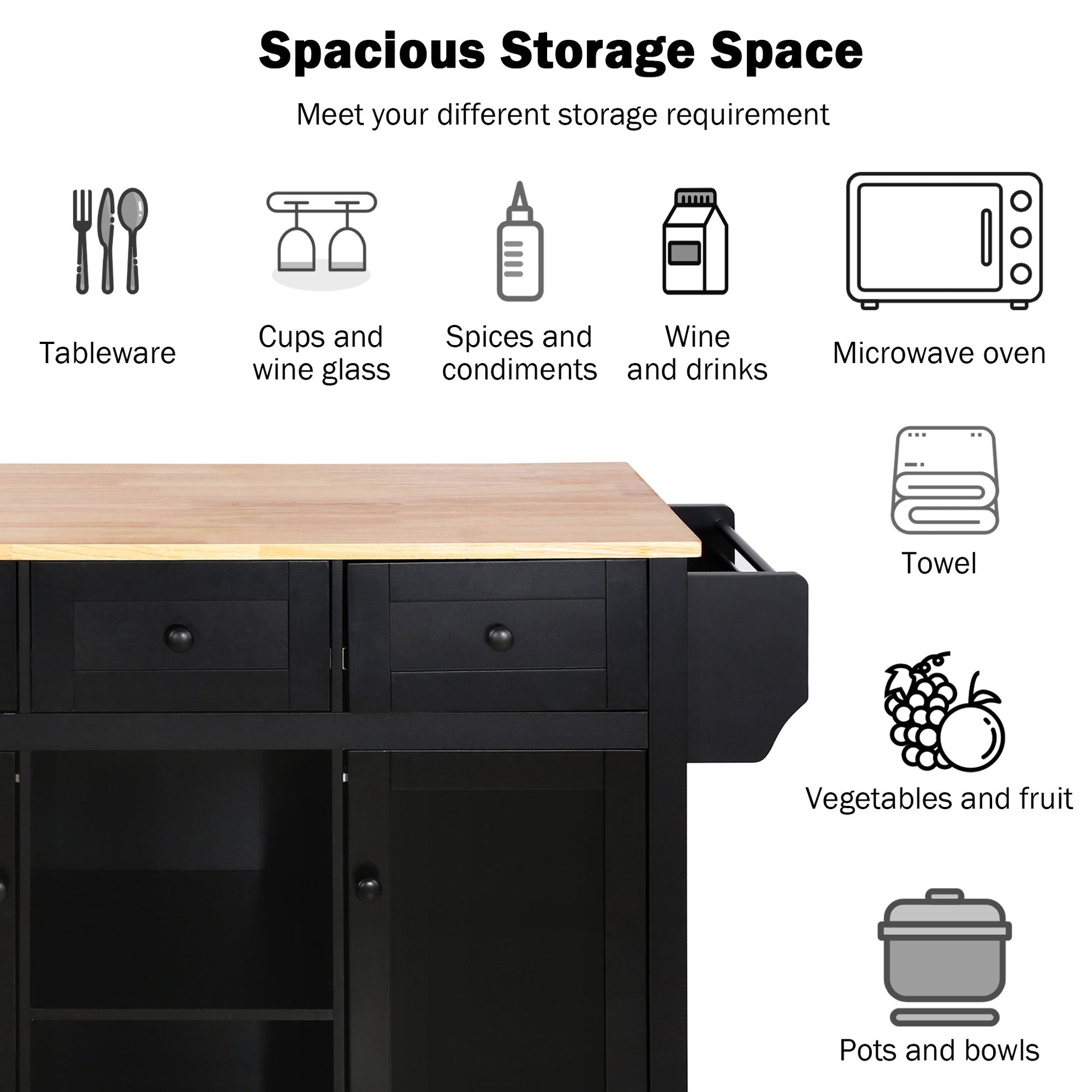 Kitchen Cart With Rubber Wood Drop Leaf Countertop ,Cabinet Door Internal Storage Racks,Kitchen Island On 5 Wheels With Storage Cabinet And 3 Drawers For Dinning Room, Black Black Mdf