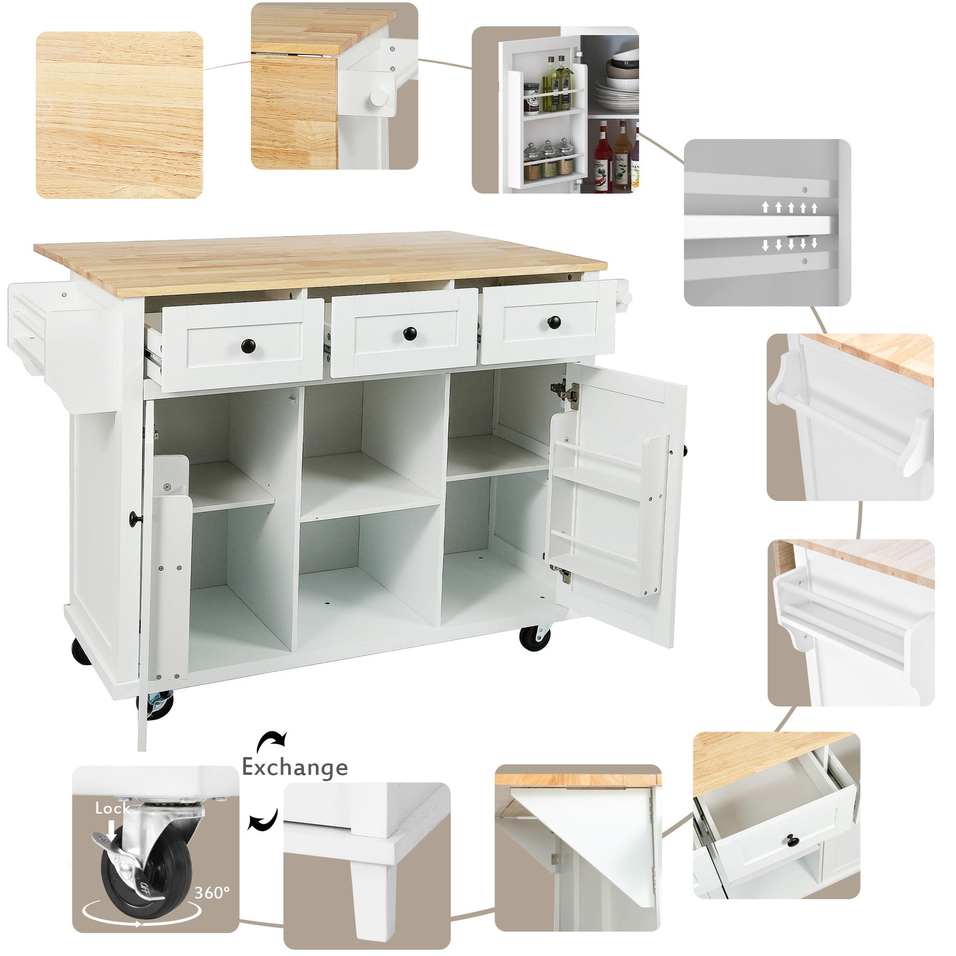Kitchen Cart With Rubber Wood Drop Leaf Countertop ,Cabinet Door Internal Storage Racks,Kitchen Island On 5 Wheels With Storage Cabinet And 3 Drawers For Dinning Room,White White Mdf