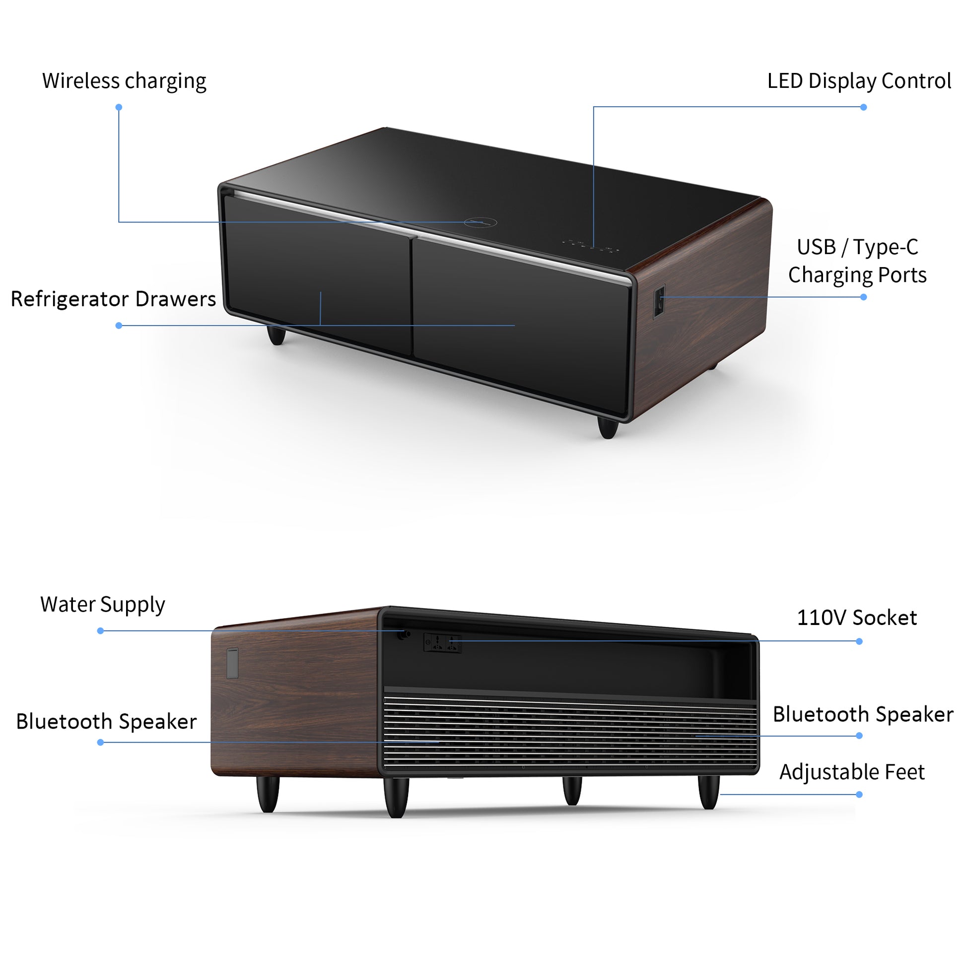 Modern Smart Coffee Table With Built In Fridge, Bluetooth Speaker, Wireless Charging Module, Touch Control Panel, Power Socket, Usb Interface, Outlet Protection, Atmosphere Light, And More, Brown Black Brown Built In Outlets Or Usb Primary Living Space