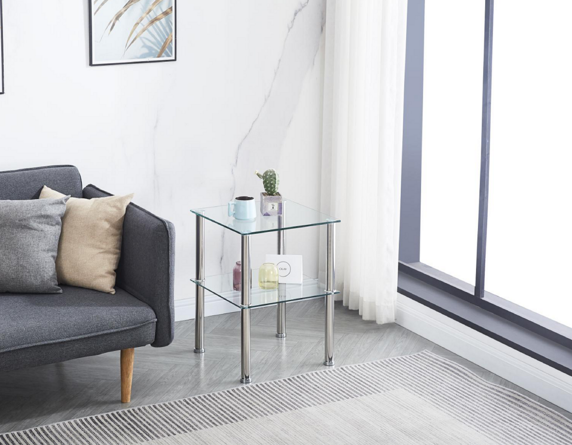 2 Layer Clear Tempered Glass Clear Side&End Table Transparent Glass