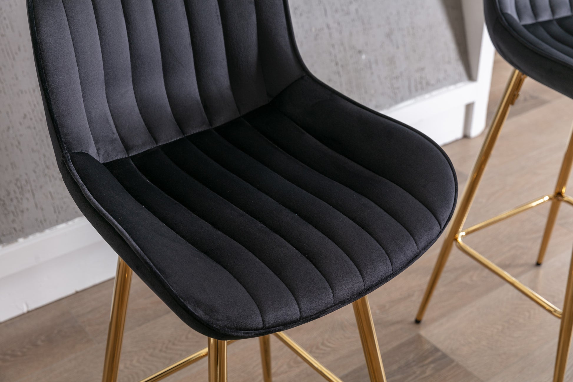 26 Inch Set Of 2 Bar Stools,With Chrome Footrest Velvet Fabric Counter Stool Golden Leg Simple Bar Stool,Black Black Foam Fabric