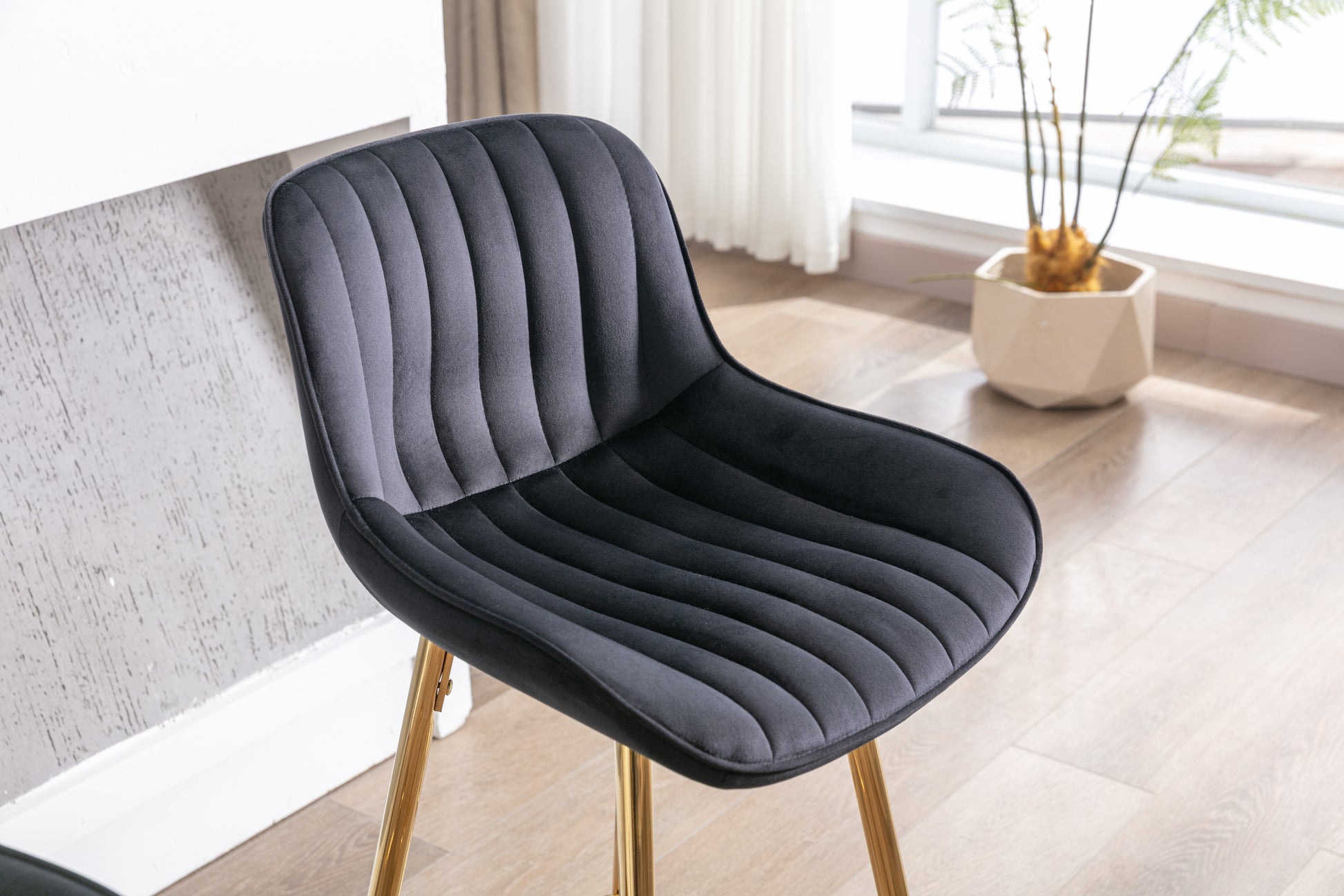 26 Inch Set Of 2 Bar Stools,With Chrome Footrest Velvet Fabric Counter Stool Golden Leg Simple Bar Stool,Black Black Foam Fabric