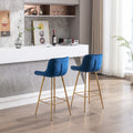 26 Inch Set Of 2 Bar Stools,With Steel Frame Footrest Velvet Fabric Golden Leg Simple Bar Stool,Blue Blue Foam Fabric