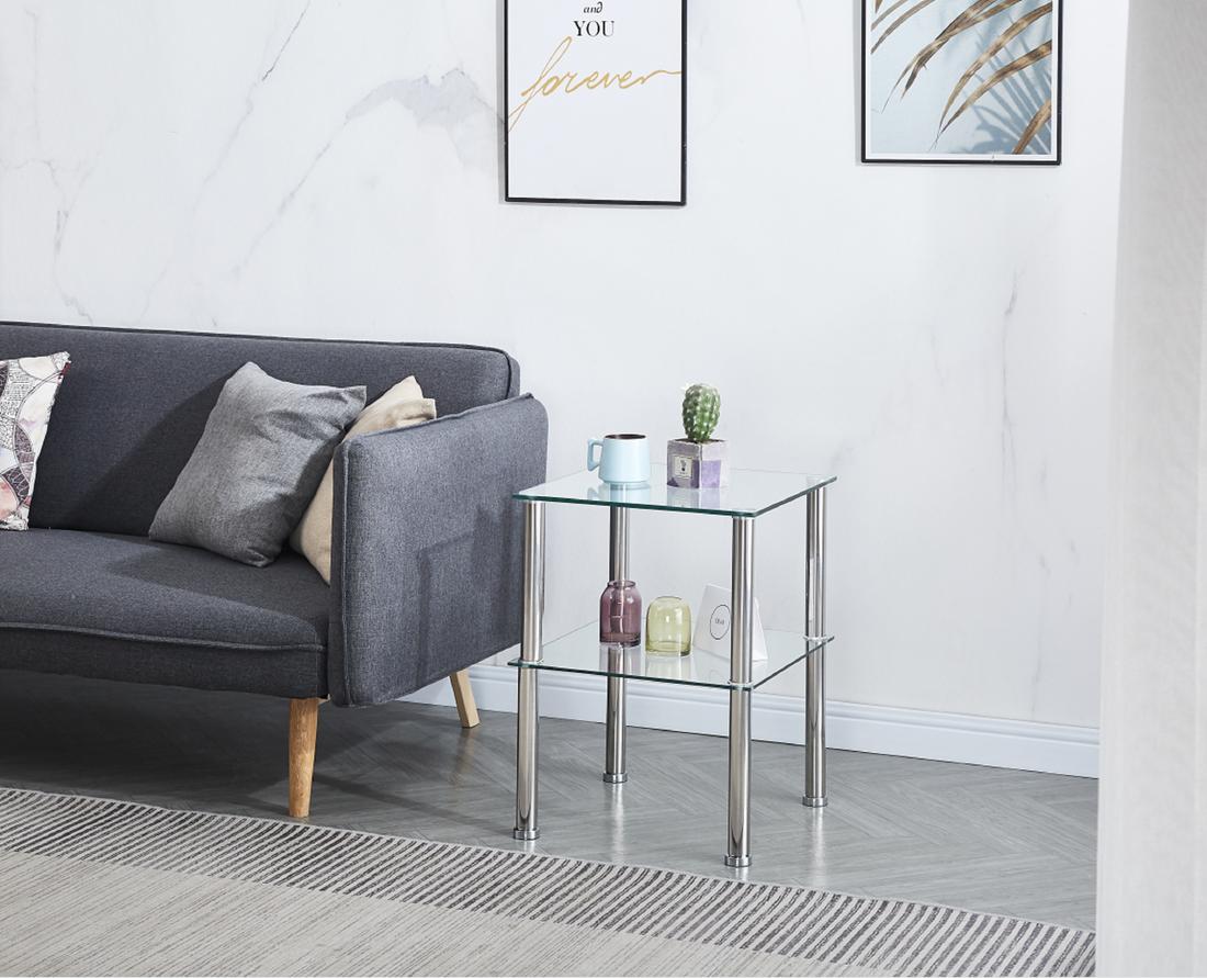 2 Layer Clear Tempered Glass Clear Side&End Table Transparent Glass