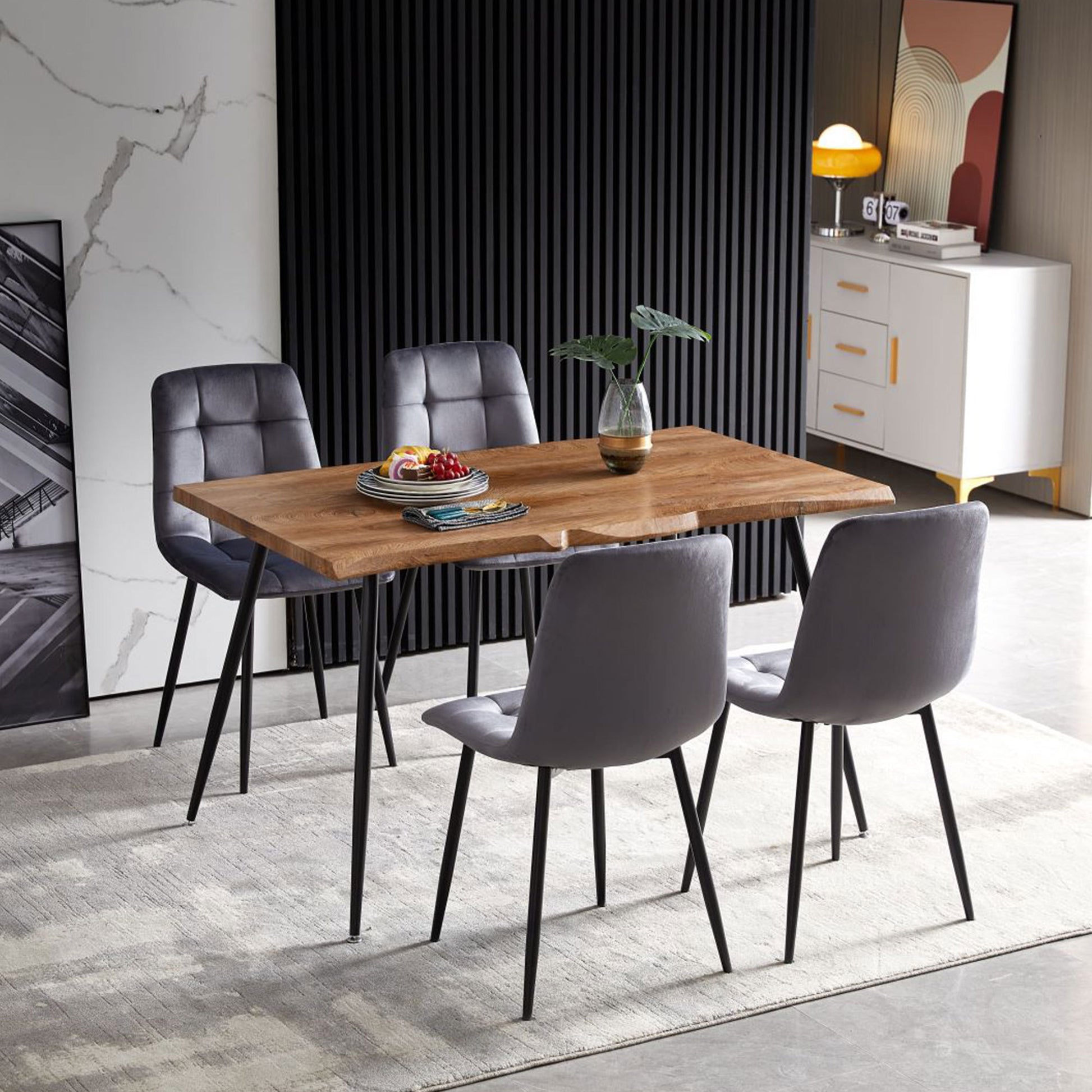 S Shape Irregular Mdf Dining Table Metal Legs Wood Design Table Top Walnut Brown Distressed Finish Triangular Dining Room Modern Floor Mount Rectangular Kitchen & Dining Tables Foam Mdf