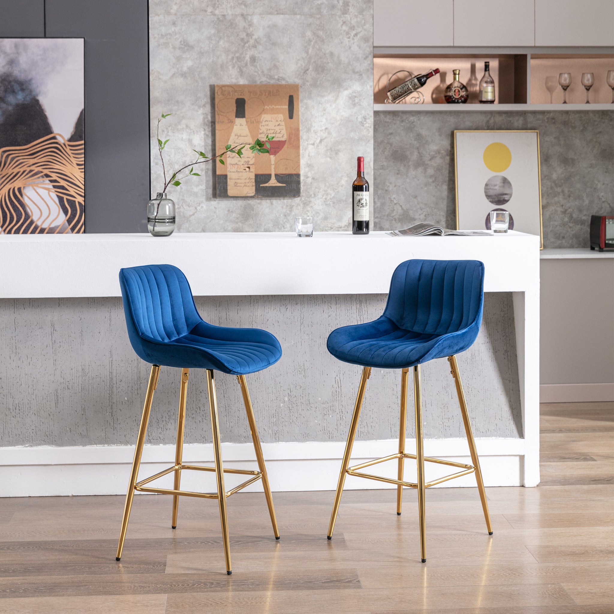 26 Inch Set Of 2 Bar Stools,With Steel Frame Footrest Velvet Fabric Golden Leg Simple Bar Stool,Blue Blue Foam Fabric