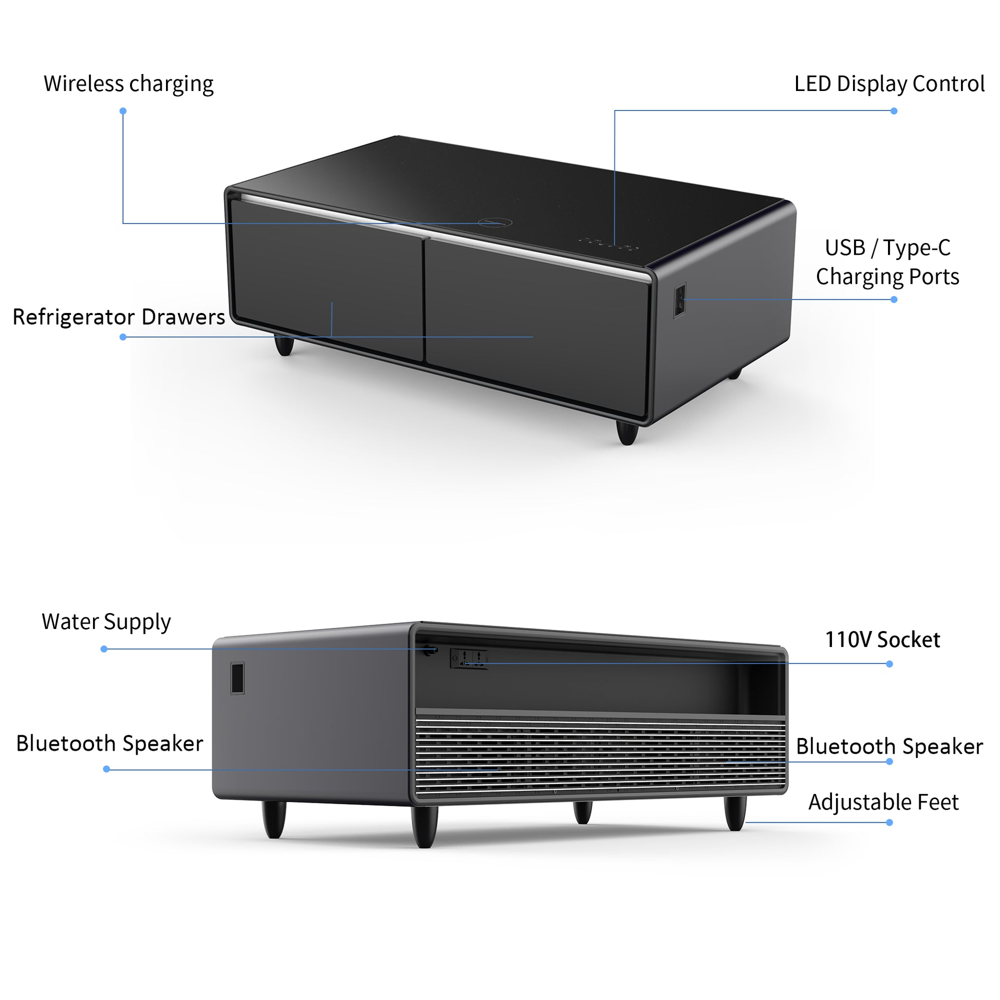 Modern Smart Coffee Table With Built In Fridge, Bluetooth Speaker, Wireless Charging Module, Touch Control Panel, Power Socket, Usb Interface, Outlet Protection, Atmosphere Light, Black Black