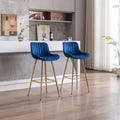 30 Inch Set Of 2 Bar Stools,With Chrome Footrest Velvet Fabric Counter Stool Golden Leg Simple High Bar Stool,Blue Blue Foam Fabric