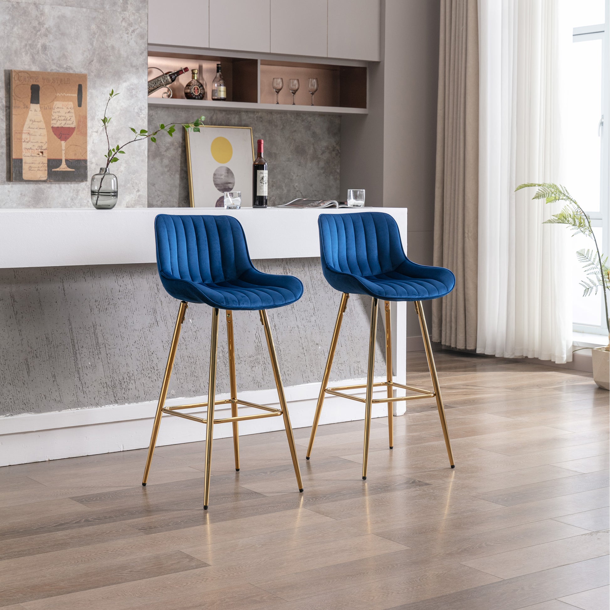 30 Inch Set Of 2 Bar Stools,With Chrome Footrest Velvet Fabric Counter Stool Golden Leg Simple High Bar Stool,Blue Blue Foam Fabric