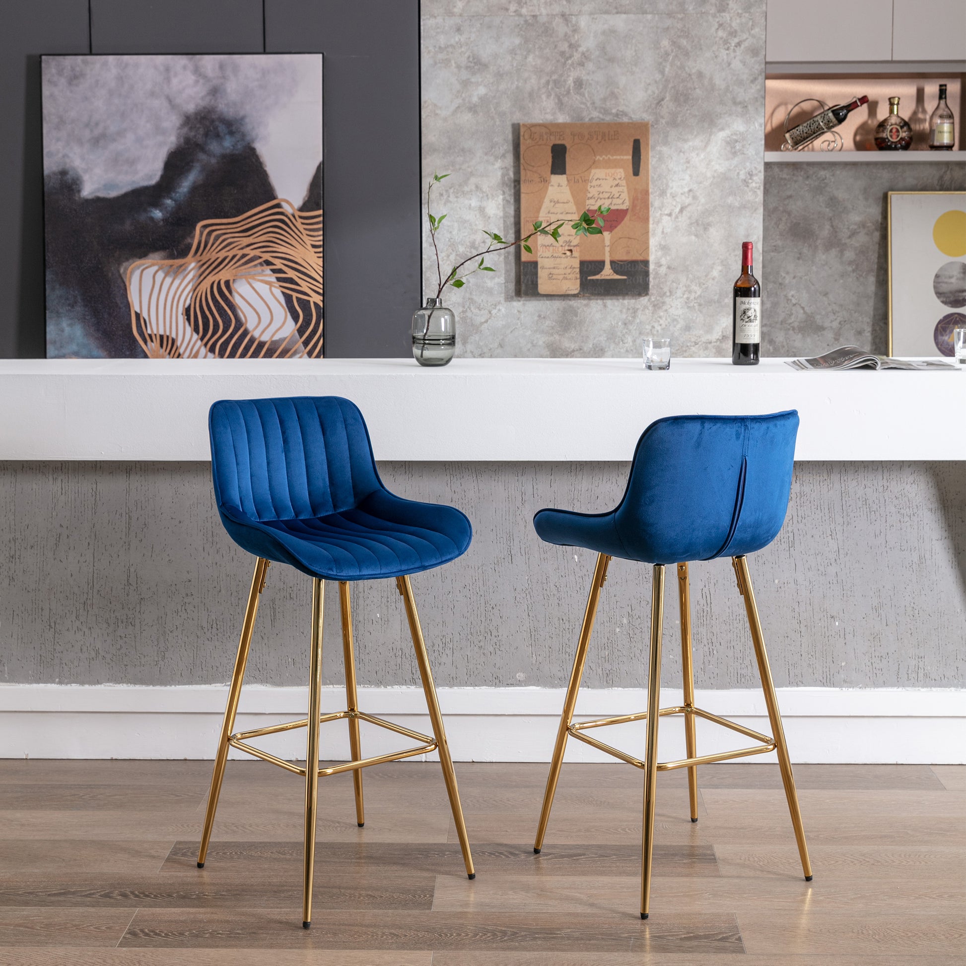 30 Inch Set Of 2 Bar Stools,With Chrome Footrest Velvet Fabric Counter Stool Golden Leg Simple High Bar Stool,Blue Blue Foam Fabric