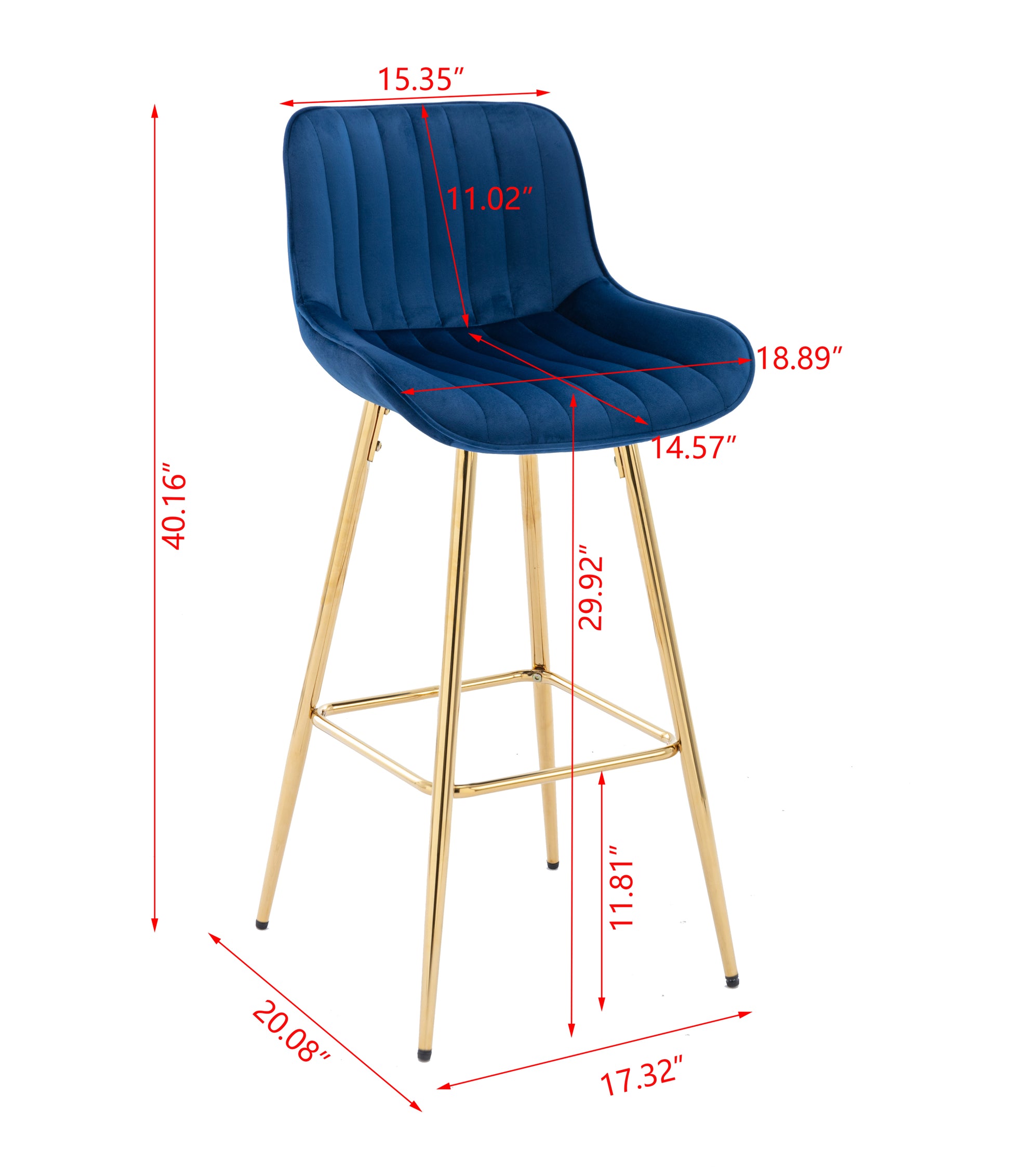 30 Inch Set Of 2 Bar Stools,With Chrome Footrest Velvet Fabric Counter Stool Golden Leg Simple High Bar Stool,Blue Blue Foam Fabric