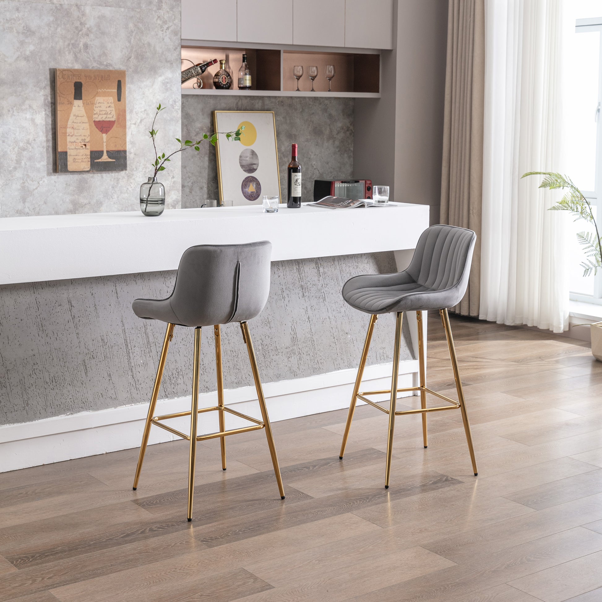 30 Inch Set Of 2 Bar Stools,With Chrome Footrest Velvet Fabric Counter Stool Golden Leg Simple High Bar Stool,Gray Gray Foam Fabric